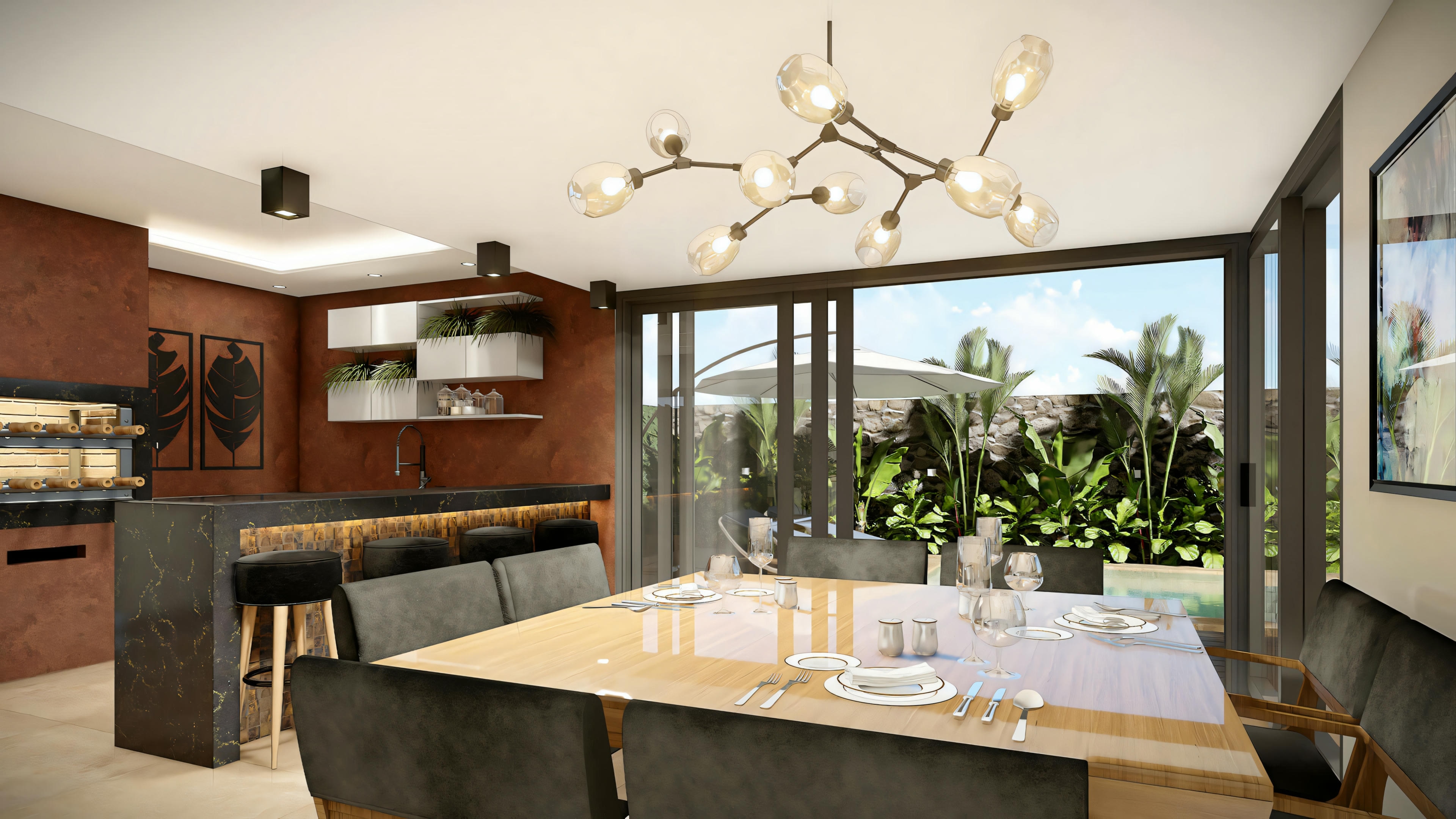 Un área de comedor moderna con mesa grande, sillas, estante abierto con diversos objetos y ventanas amplias que ofrecen vista a la vegetación exterior.