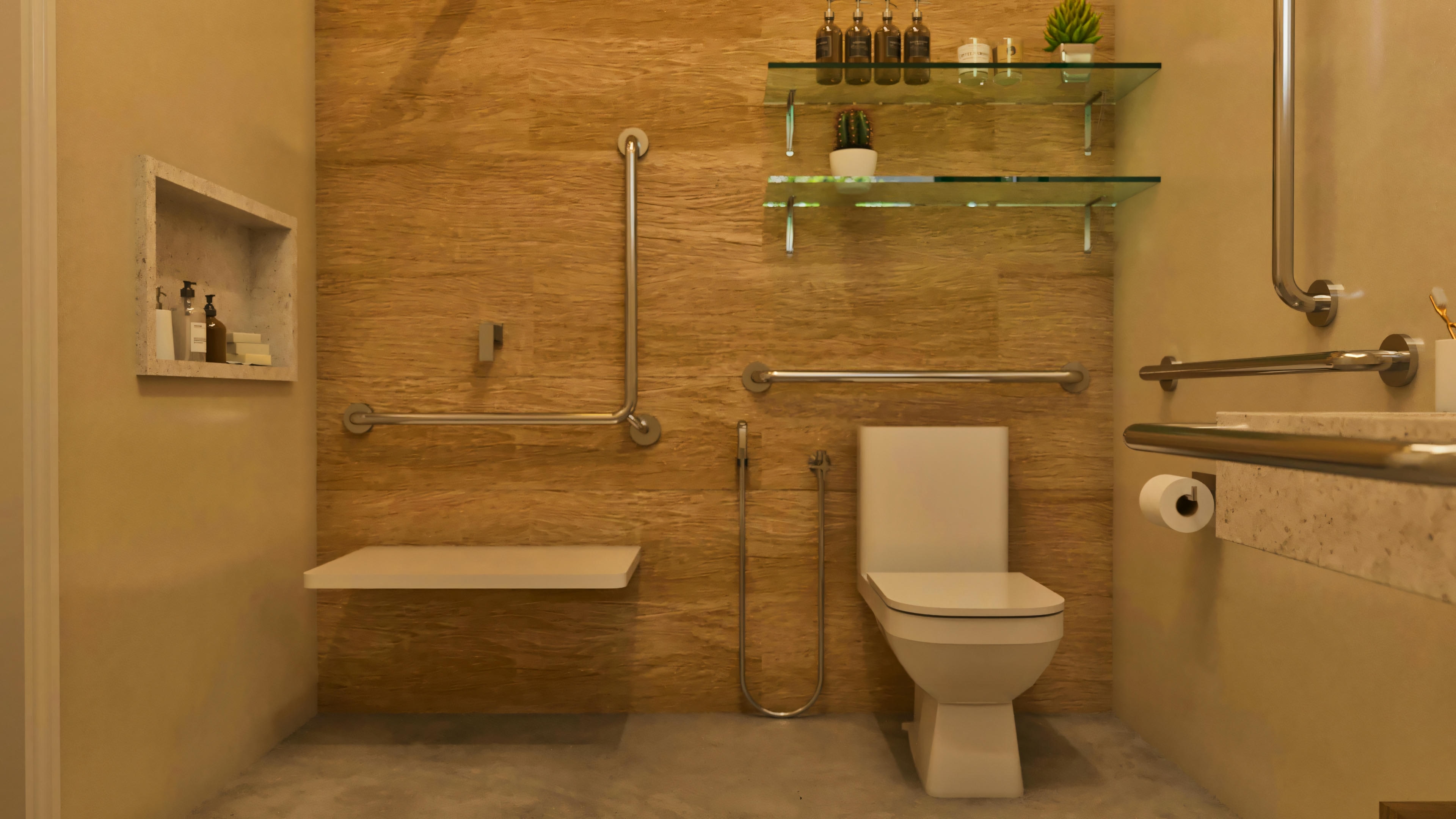 Detalhe do box de banheiro acessível com revestimento texturizado, assento fixo, barras de apoio, ducha higiênica e nicho embutido na parede, em projeto de casa com 5 banheiros.