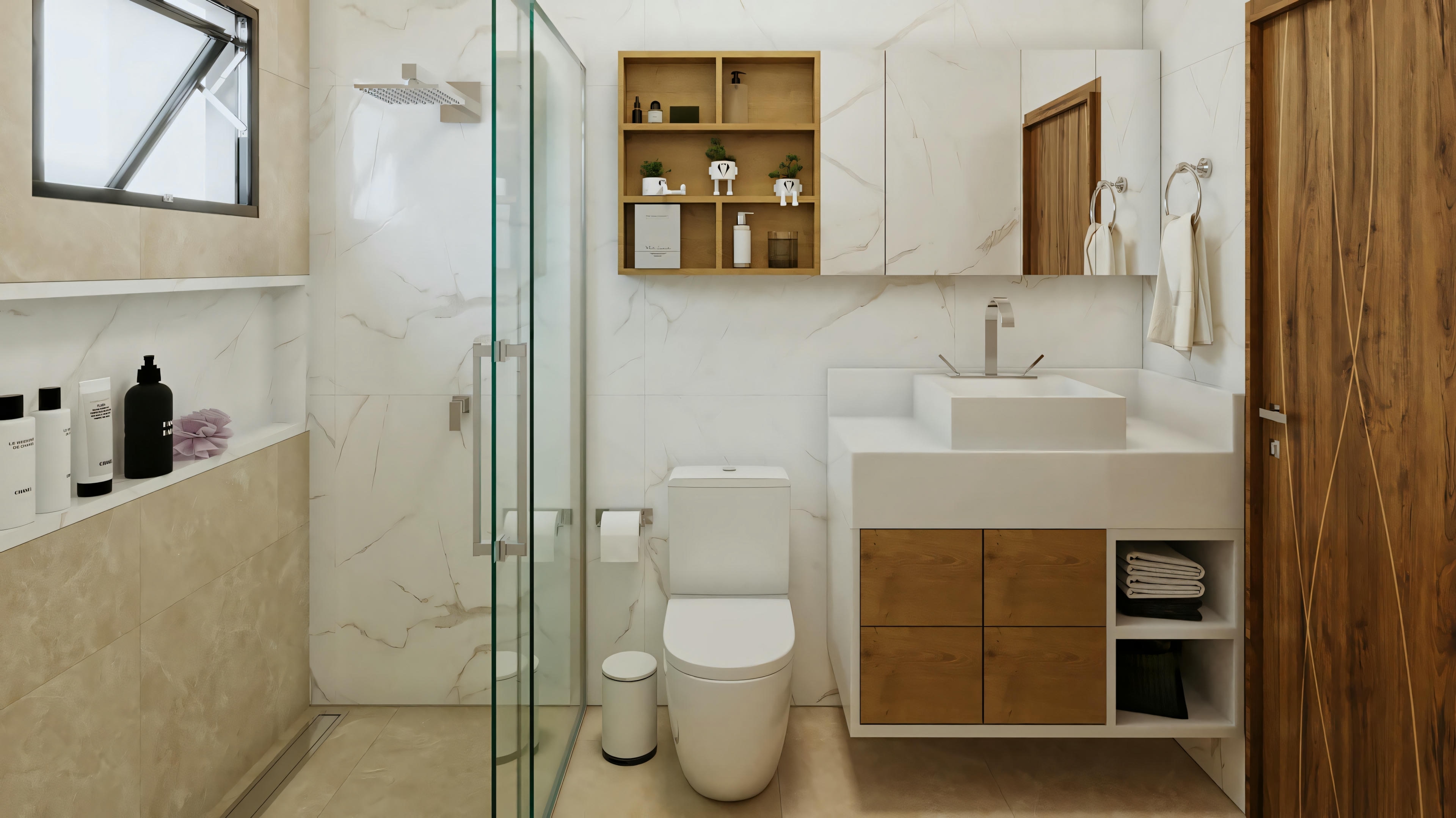 Imagem de outro banheiro do projeto pronto de casa térrea com 4 banheiros (2 suítes). Detalhes incluem bancada com cuba sobreposta e armário com nichos em madeira, vaso sanitário, box de vidro, nicho no chuveiro, prateleira superior e porta de madeira. Parede com revestimento estilo mármore.