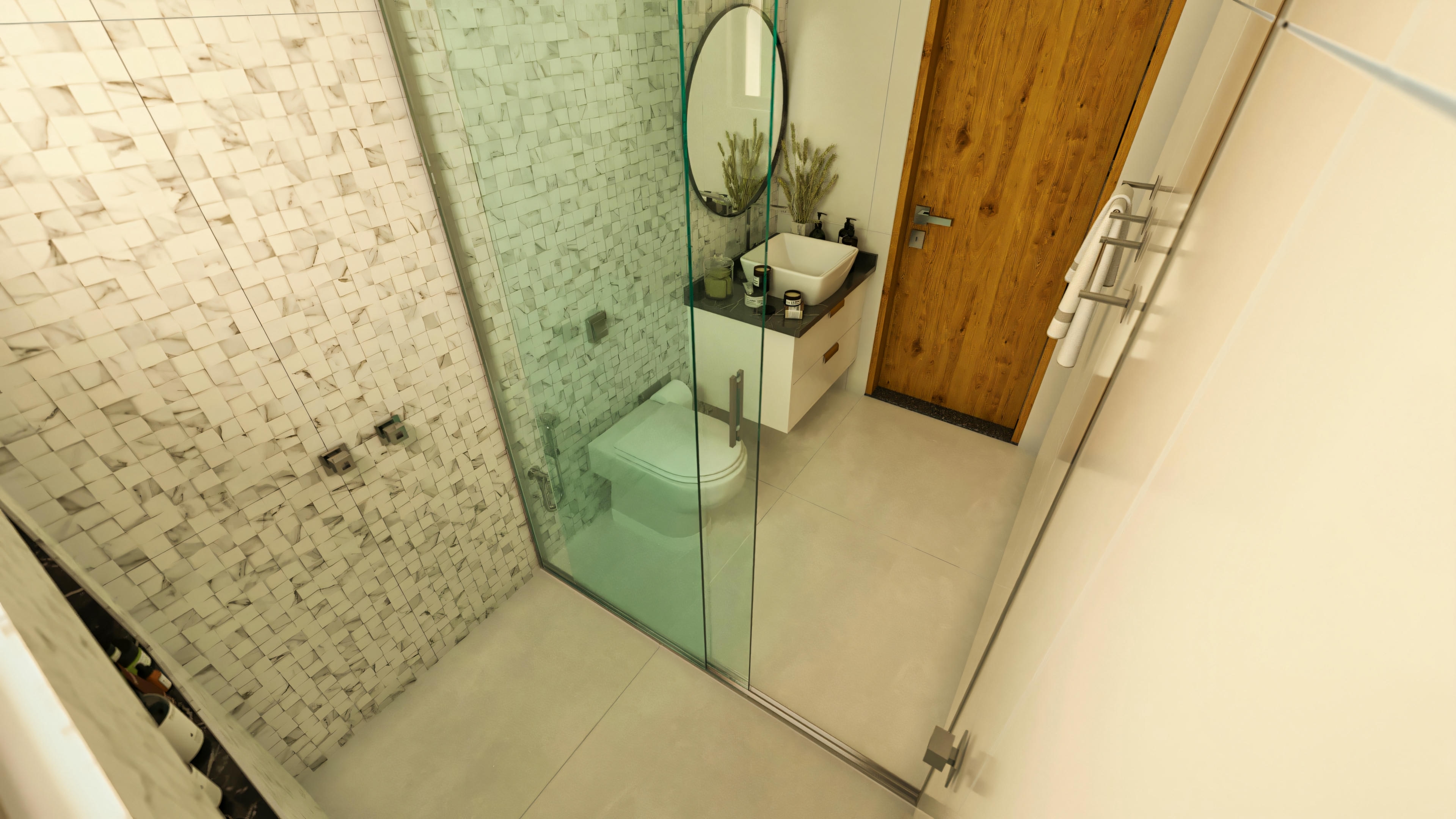 Baño moderno con ducha de cristal, revestimiento en tonos claros y piso de porcelanato.