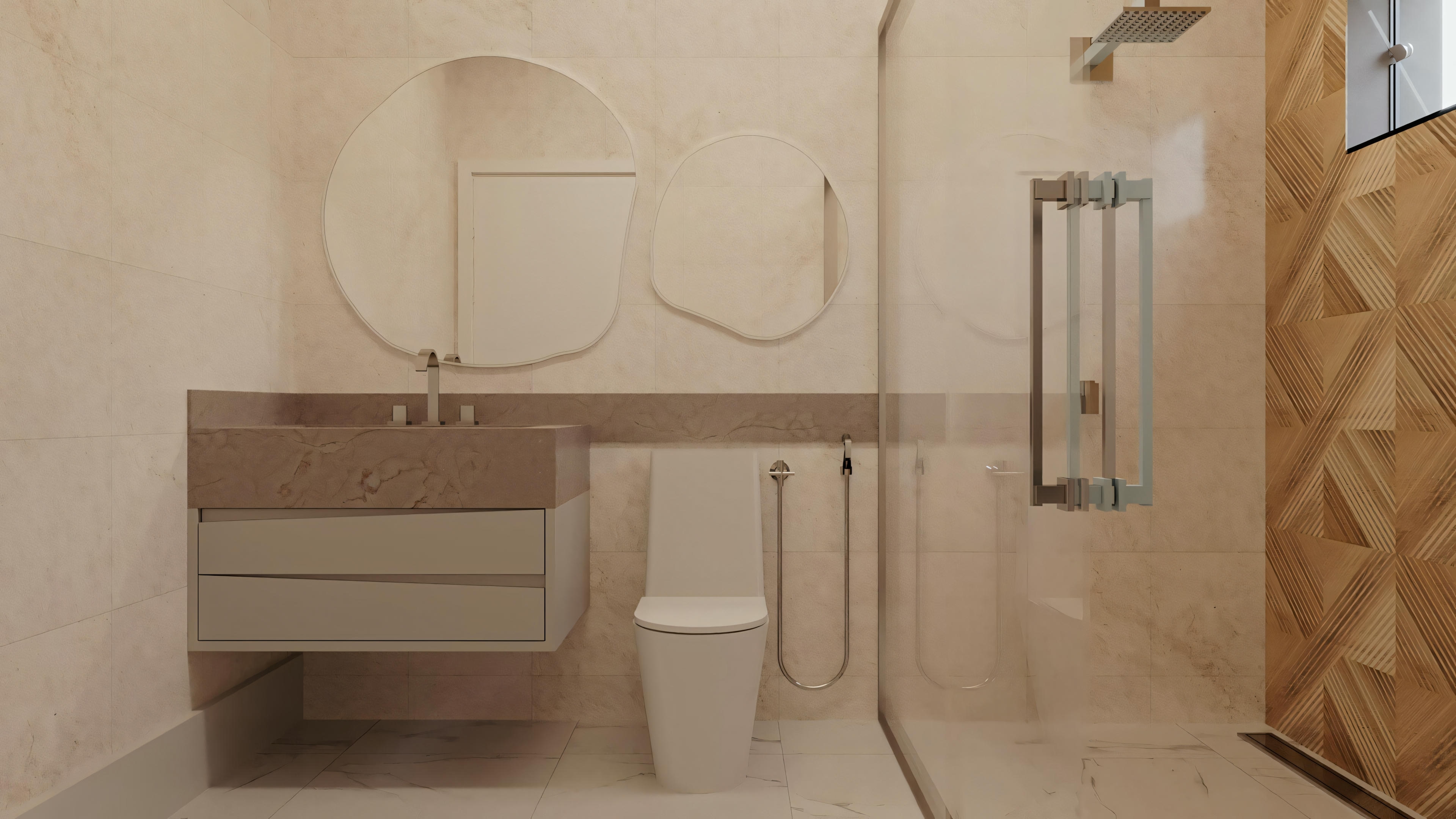 Um banheiro com box de vidro, vaso sanitário e uma pia com espelho.