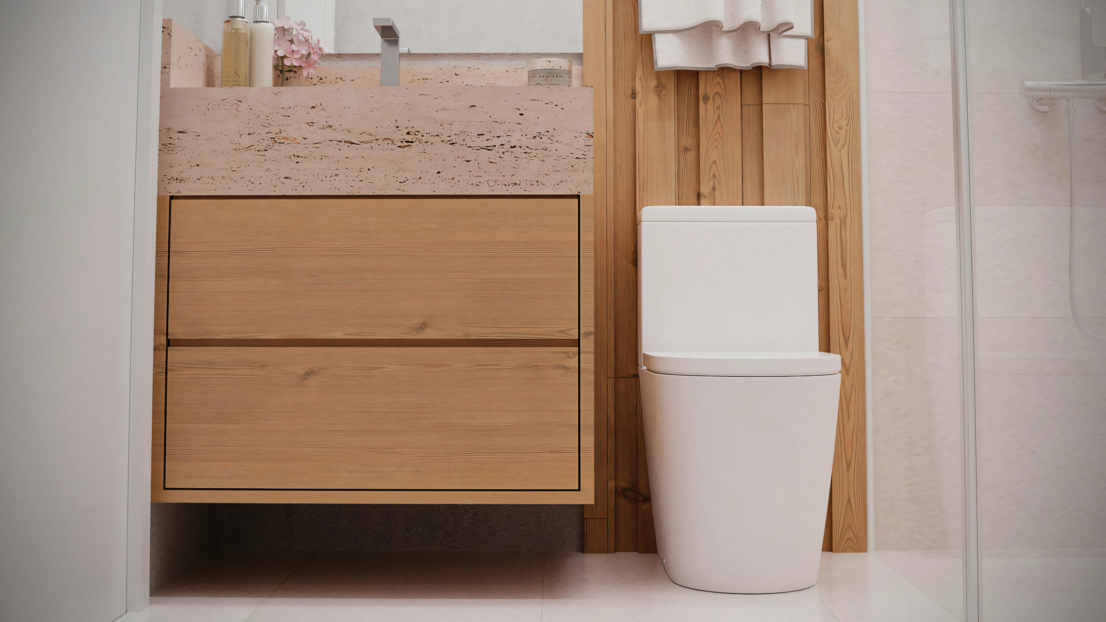 Un baño con un armario de madera, inodoro blanco y una toalla colgada en la pared.