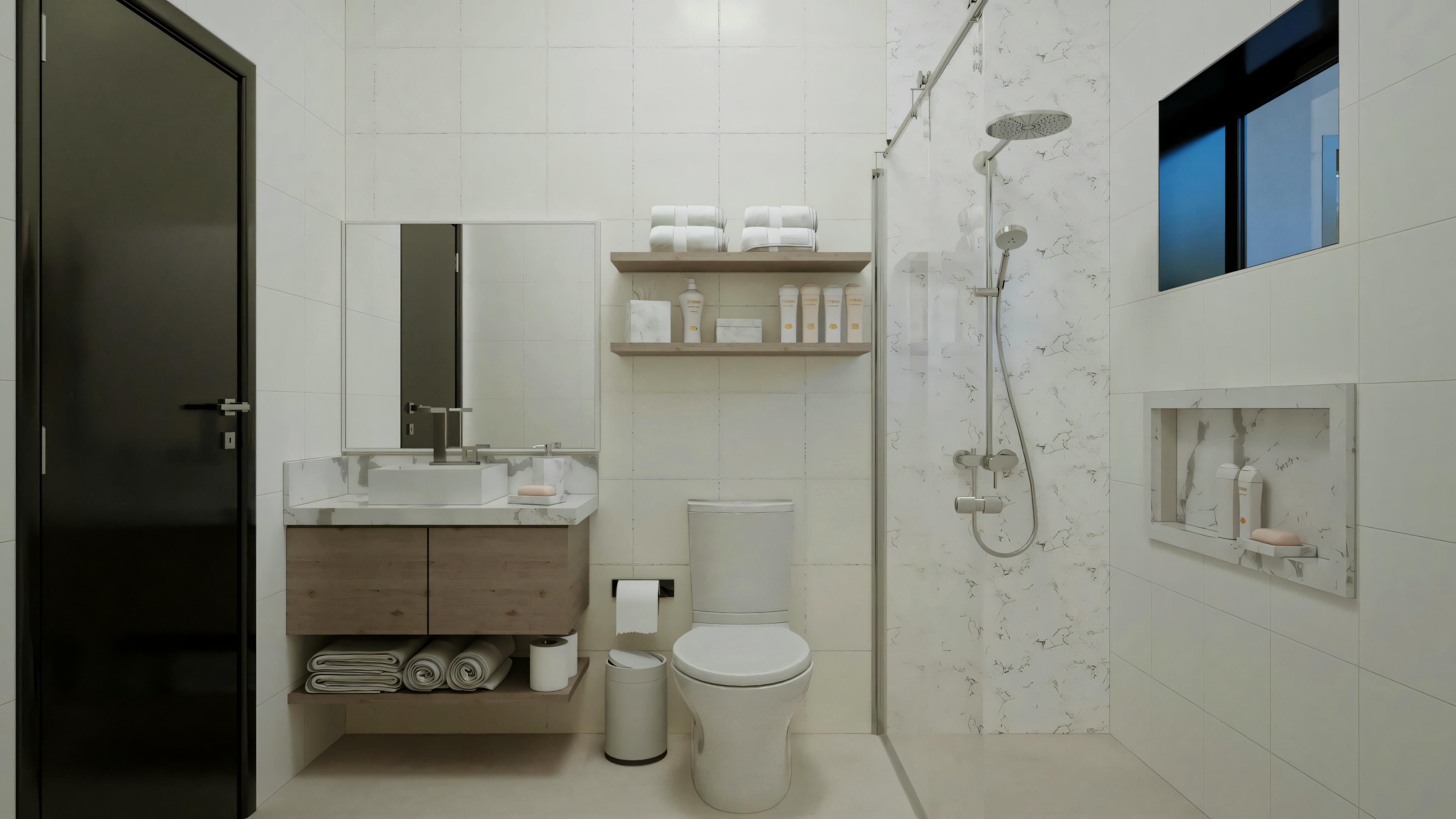 Un baño con diseño más moderno y tonos más oscuros, incluyendo un lavabo con dos senos, espejos sobre cada seno y gabinetes debajo.