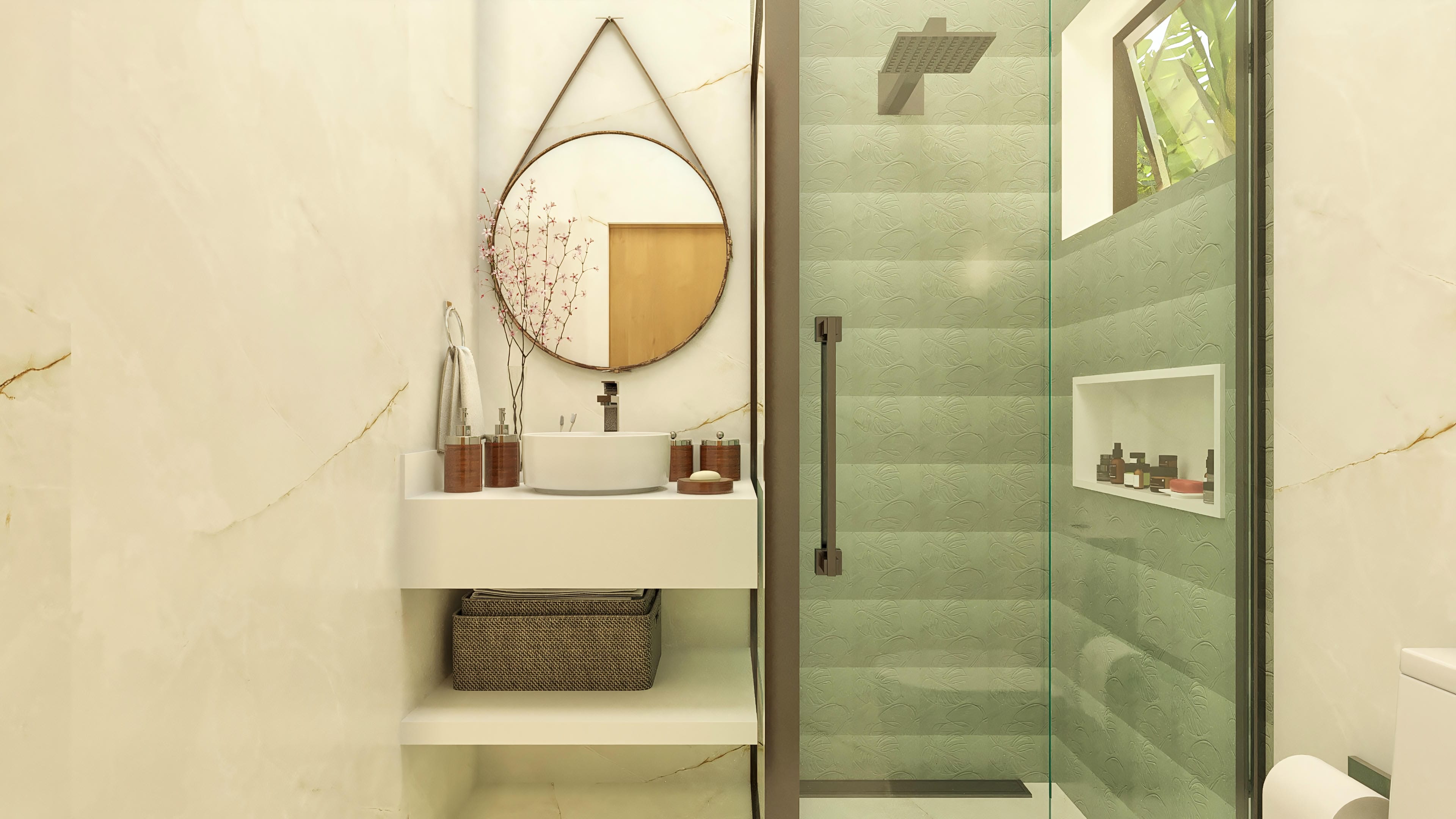Detail of a modern bathroom with light marble cladding on the walls and a niche with decorative elements. The shower area has glass with a textured pattern in a soft green tone, featuring a subtle leaf pattern.