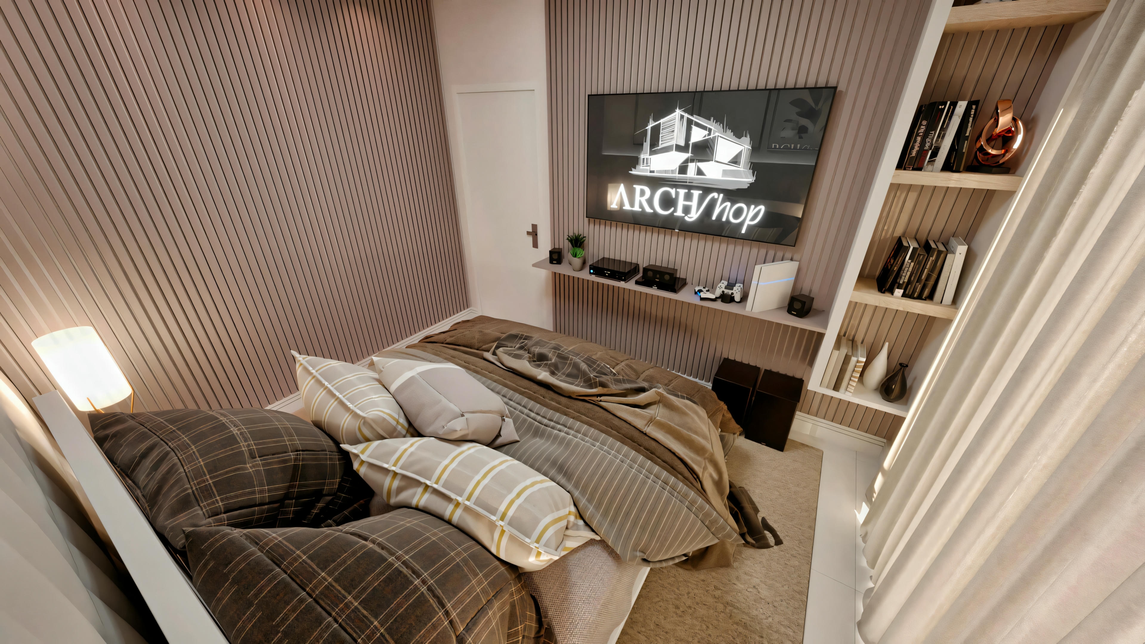 Bedroom with a bed covered in a checkered quilt, lit lamp, and television on the wall.