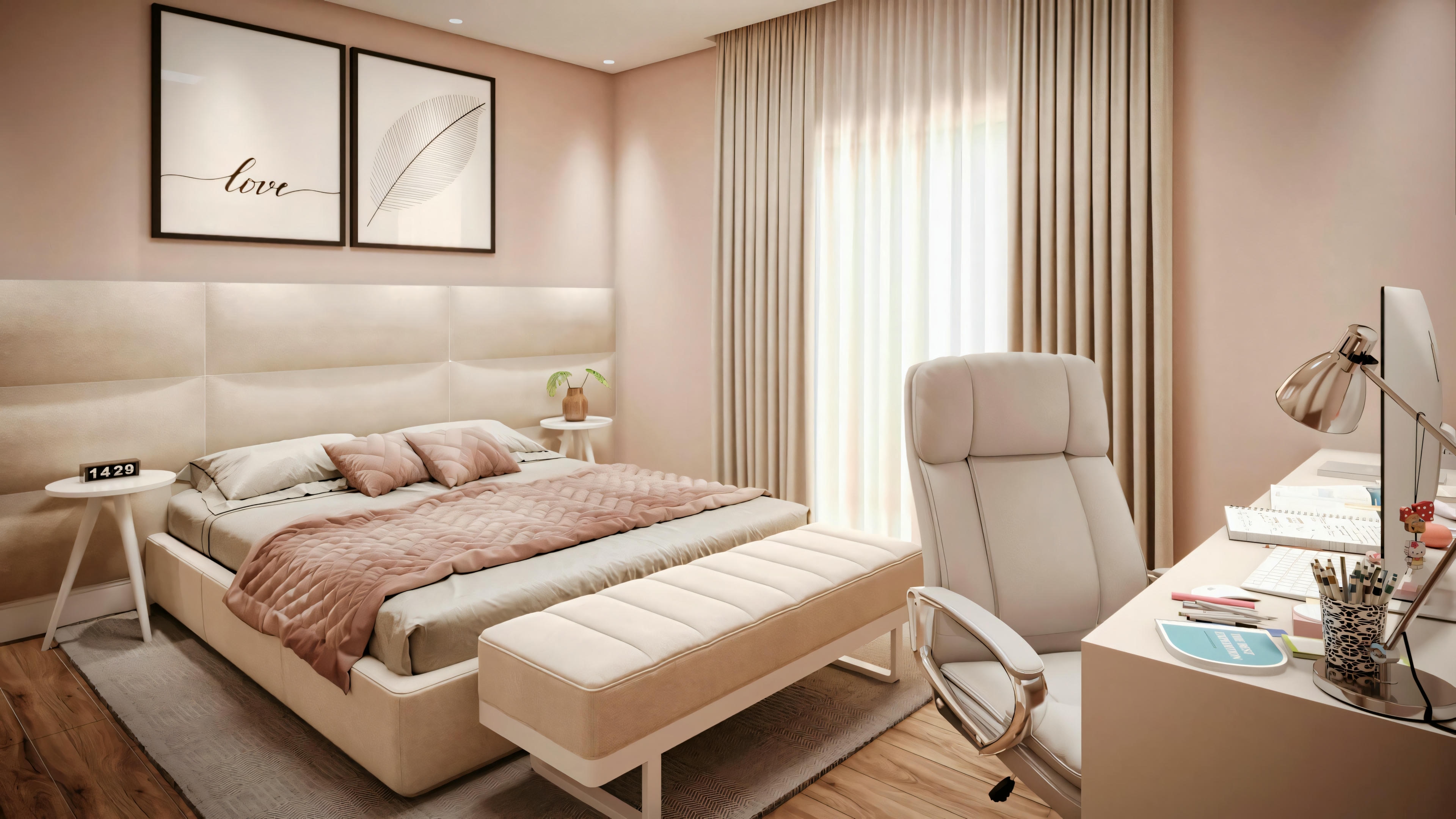 A bedroom with a made bed, a bench at the foot of the bed, nightstands with lamps, and a painting above the headboard.