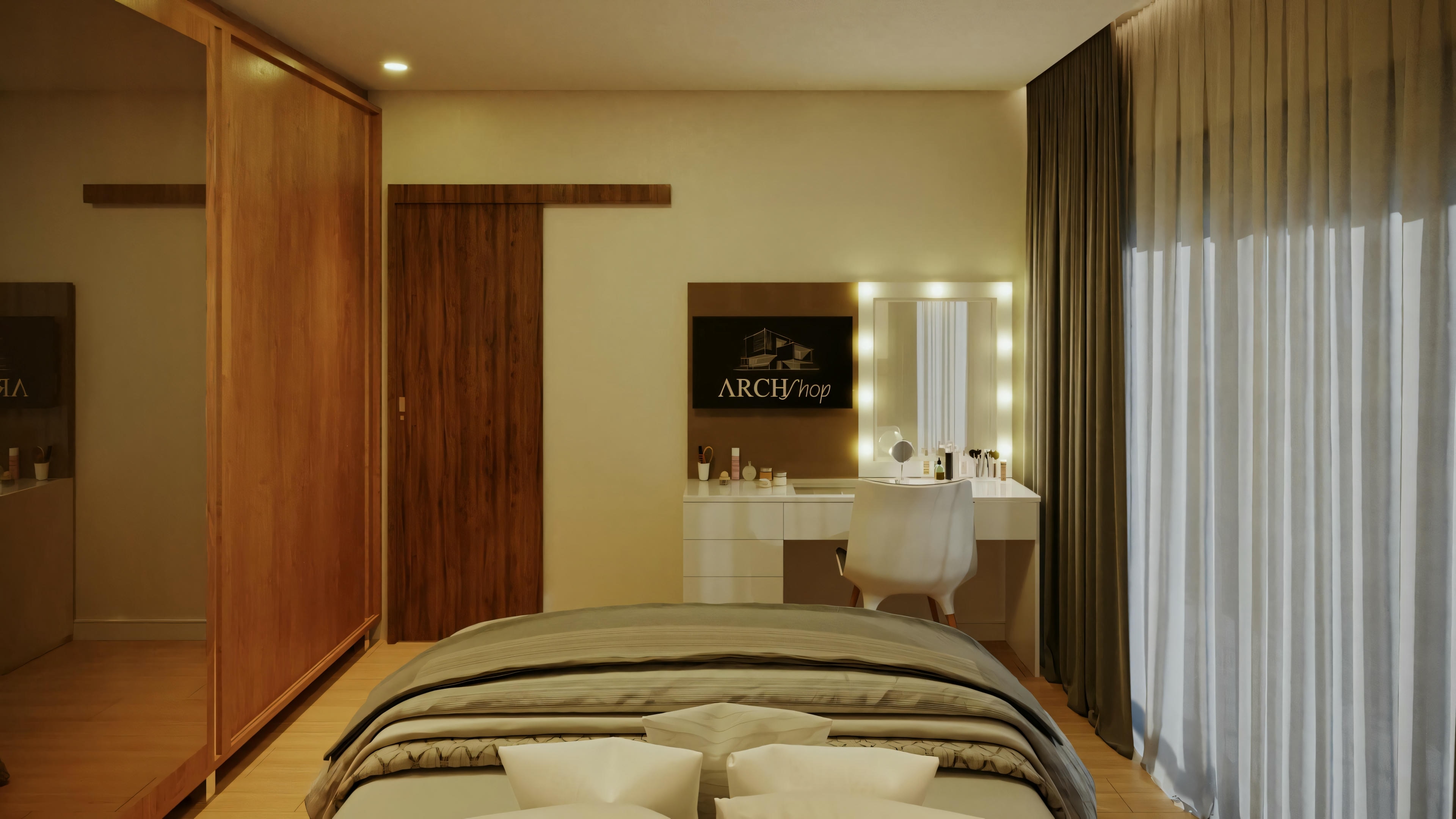 A bedroom with a bed, two nightstands with lamps, and a television at the foot of the bed.