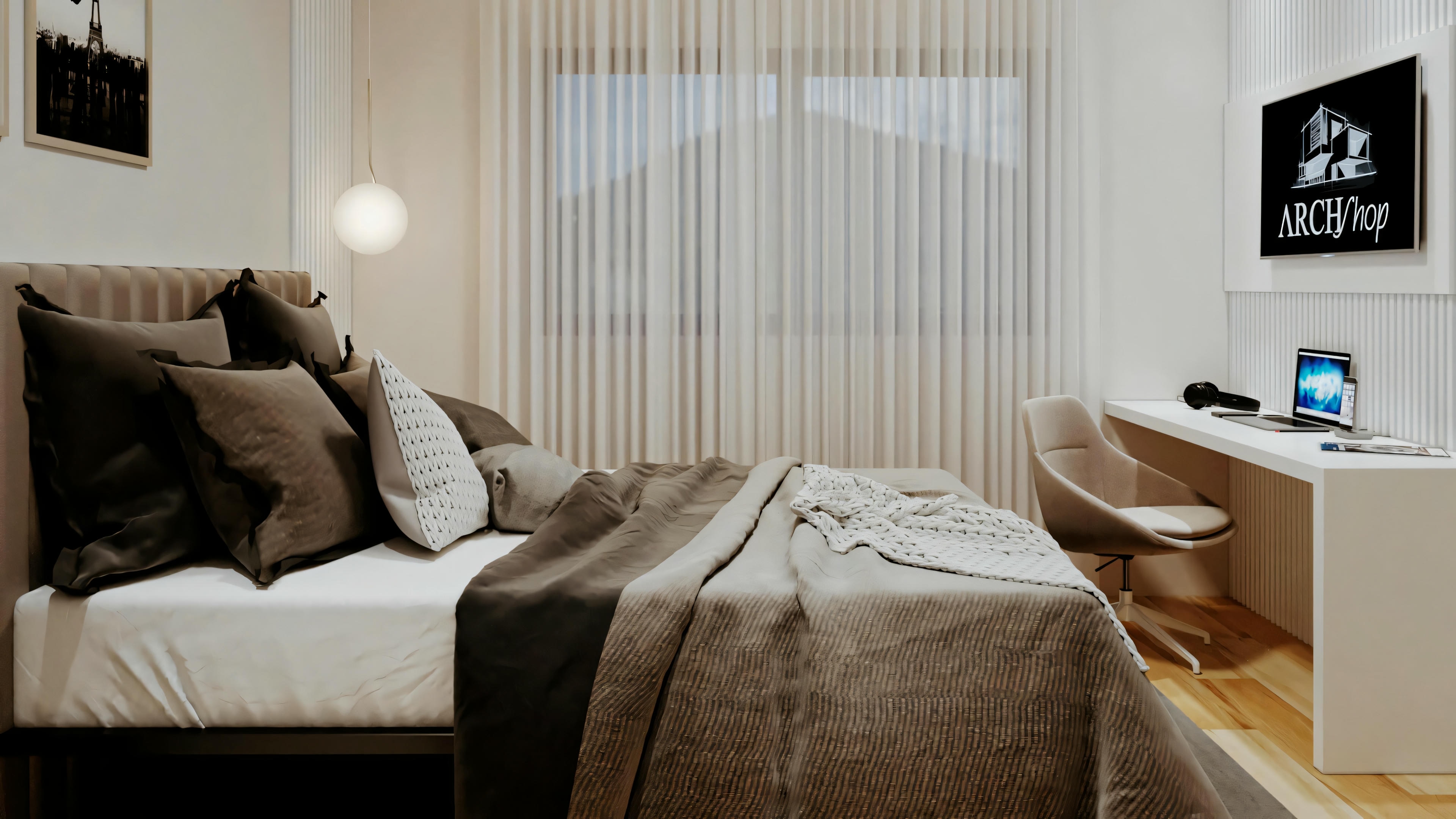 A bedroom with a bed covered in brown bedding, a nightstand with a lamp, and curtains on the window.