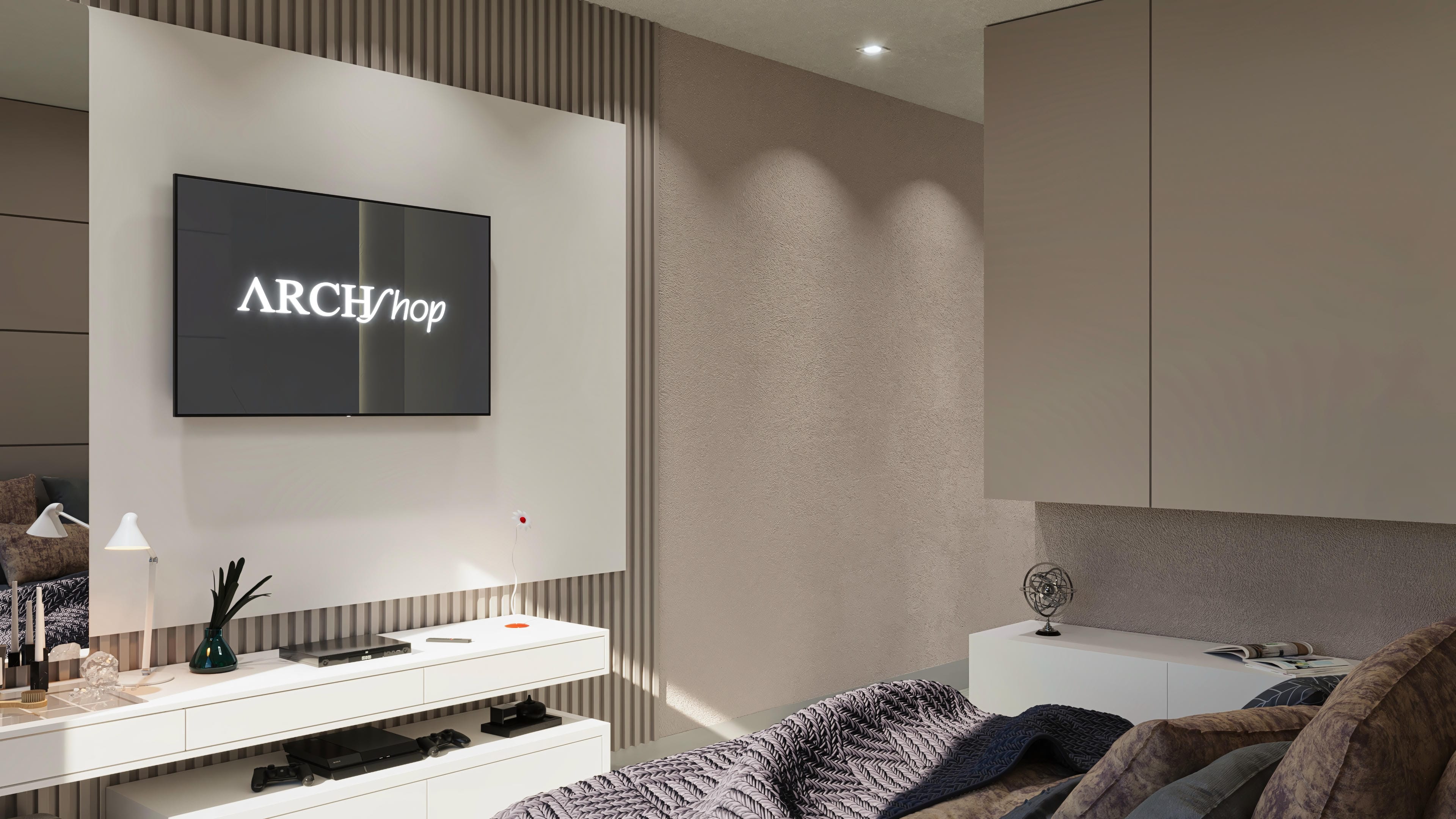 Ambiente interior de casa compacta con panel listonado, TV y mueble blanco funcional. Texturas modernas e iluminación cálida.