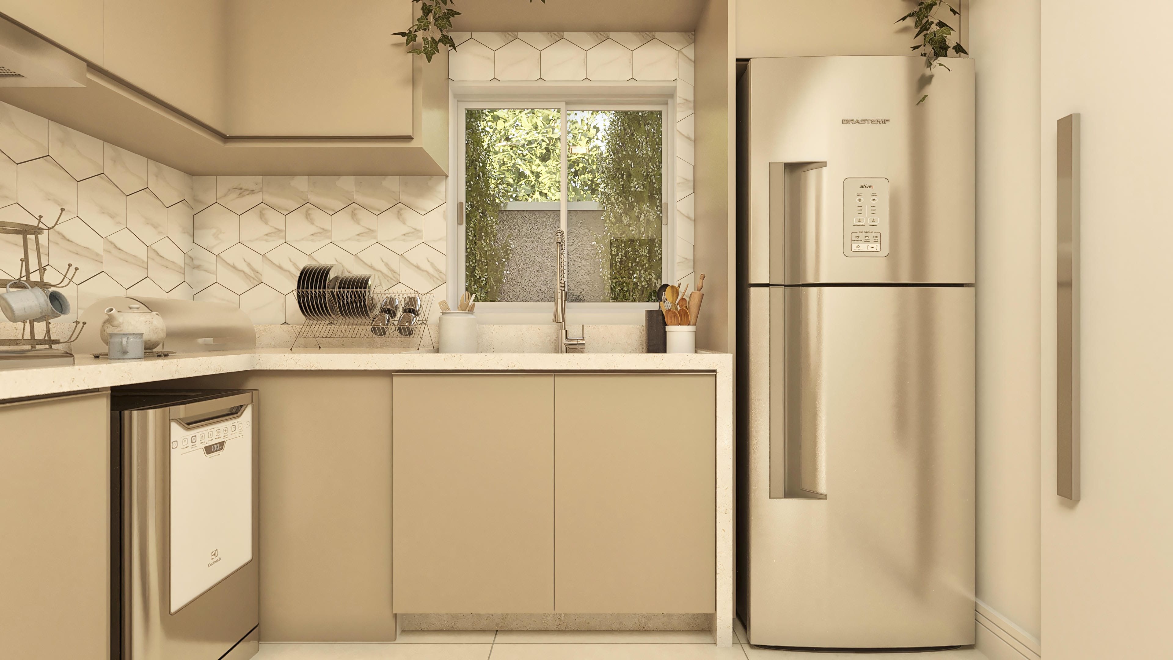 Detalle de la cocina moderna con encimera en piedra clara, armarios beige, fregadero cromado y ventana con vista al verde. Electrodomésticos de acero inoxidable.