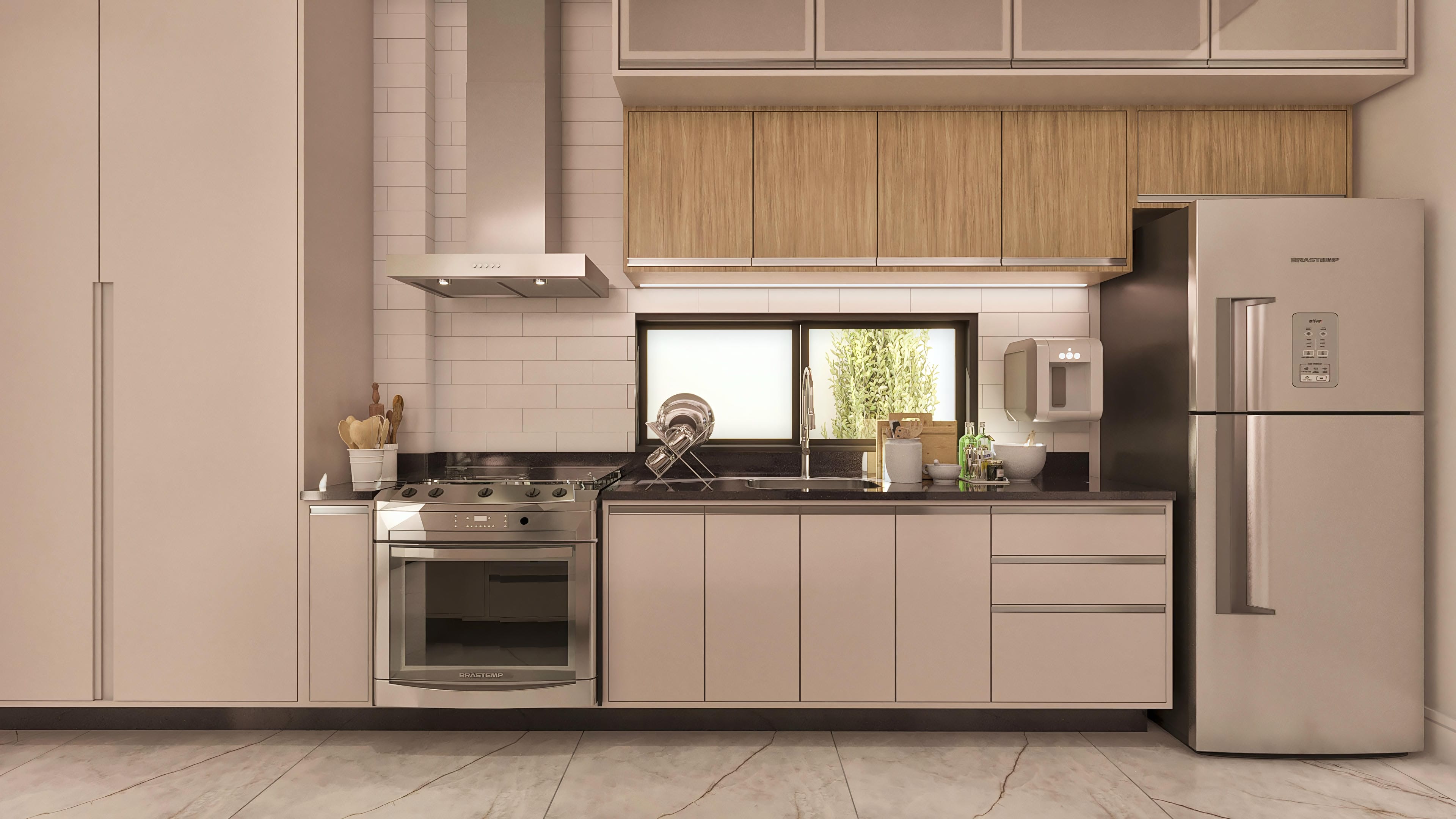 Cocina moderna con armarios en tonos neutros, encimera de granito oscuro, estufa de acero inoxidable y refrigerador blanco con panel digital. Detalles en madera clara en los armarios superiores.