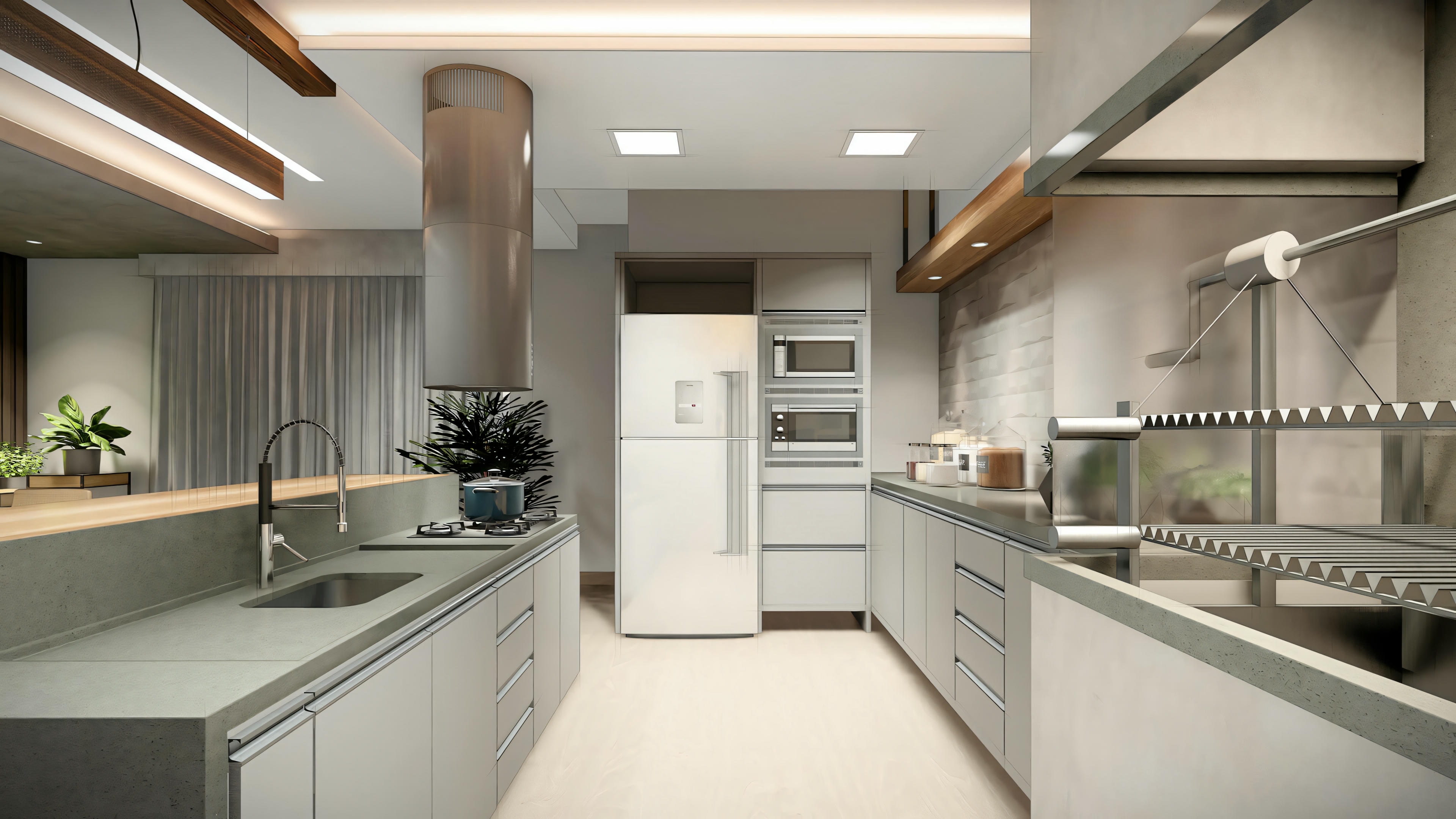 Una cocina con armarios verdes y blancos, encimera blanca y electrodomésticos de acero inoxidable. También hay una pequeña área de comedor con taburetes.