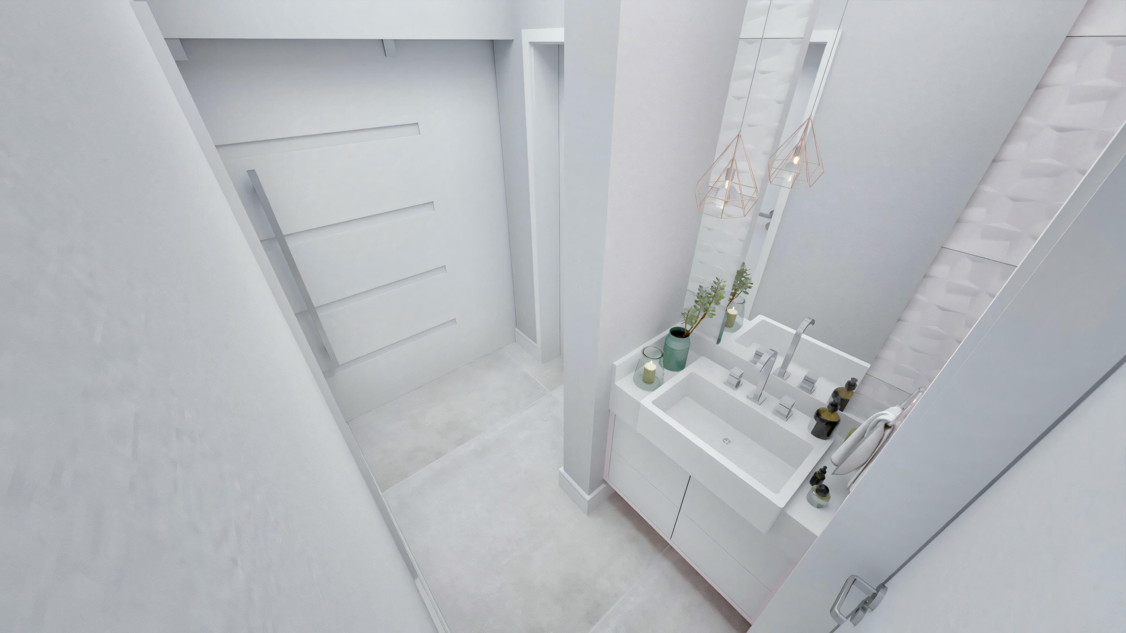 Small bathroom with white walls, shower area with glass doors, and a sink with a mirror.