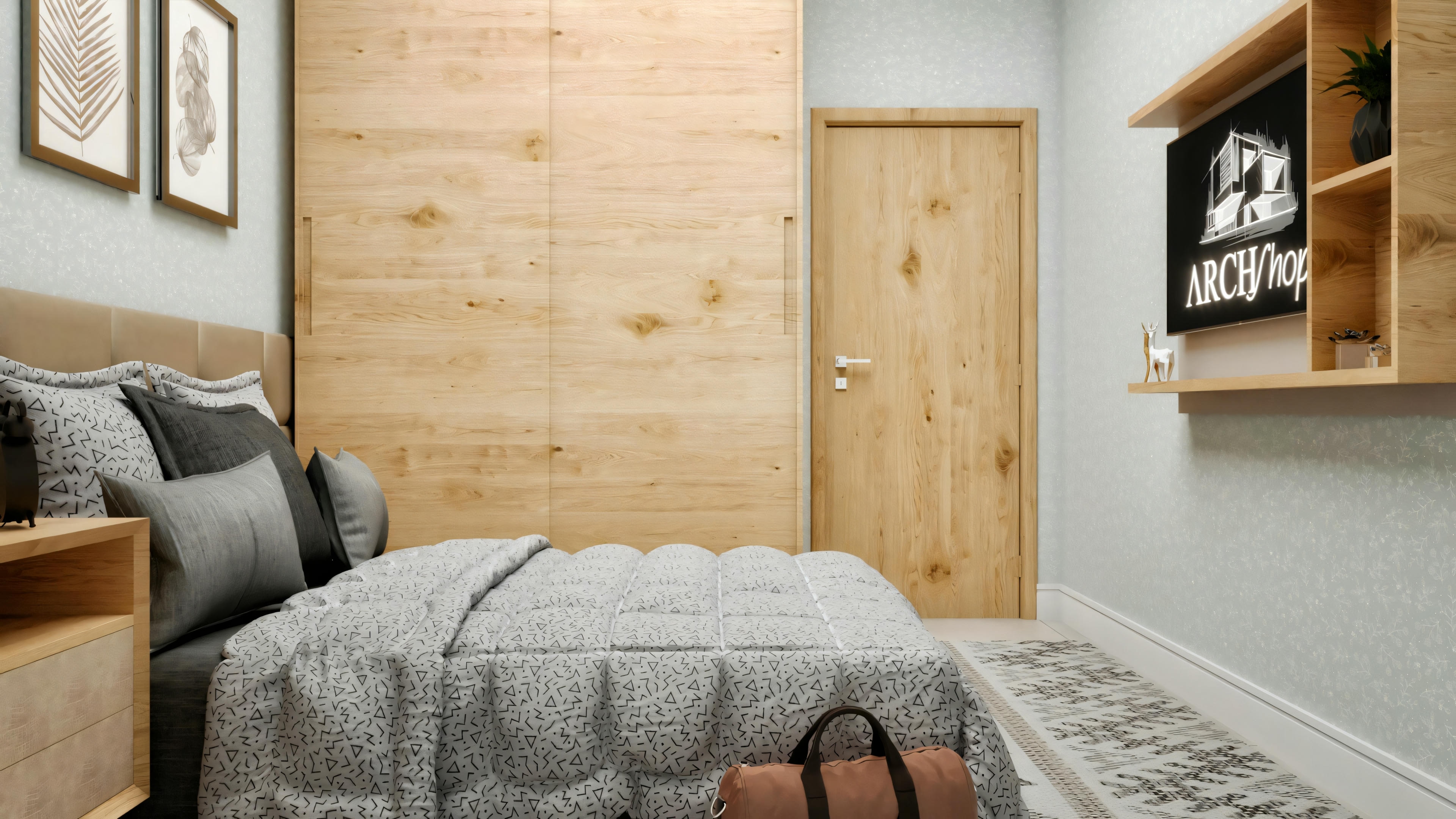 Master bedroom in a country house with a light wood sliding door wardrobe and decorative details on the walls.