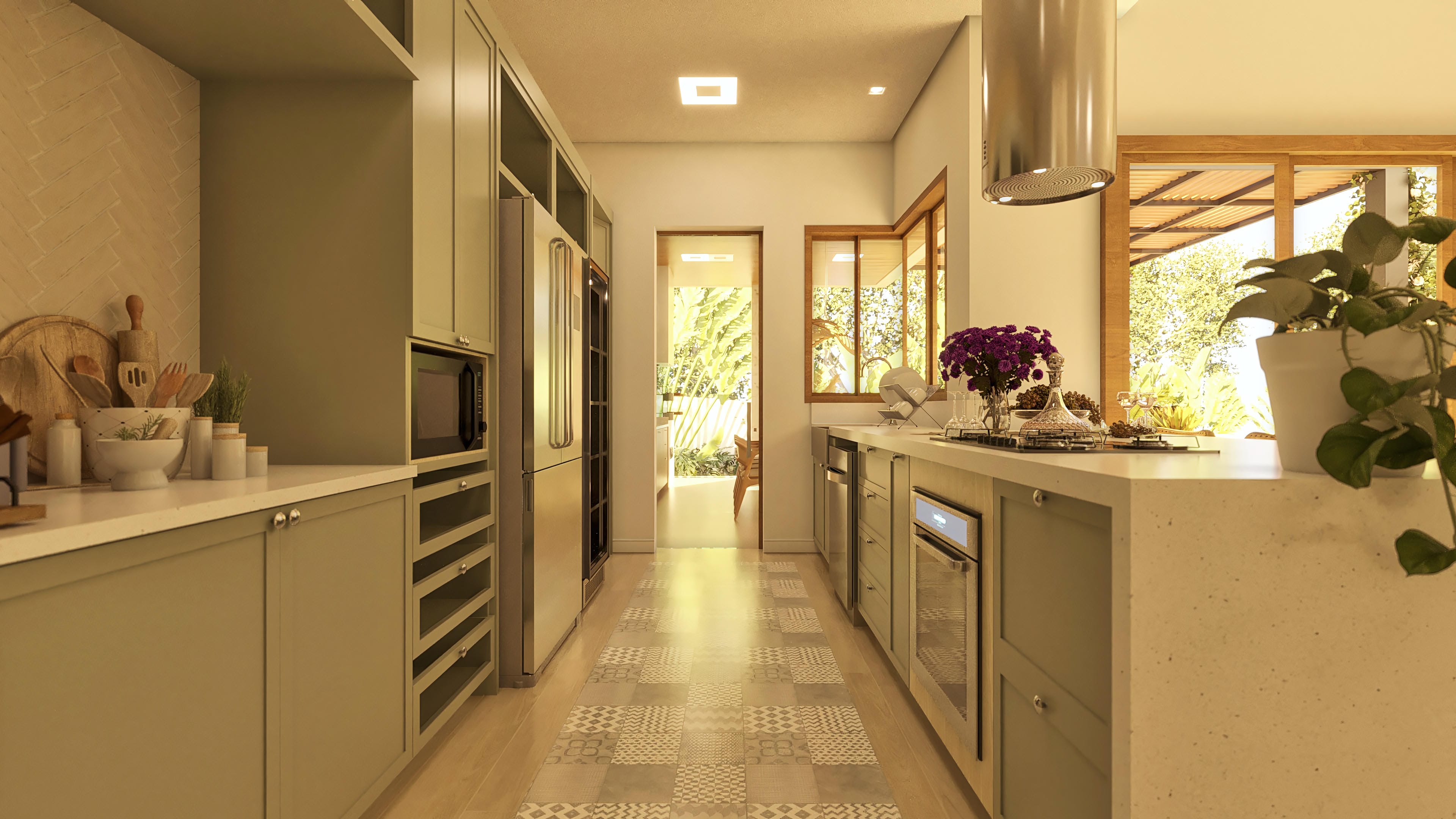 Cocina moderna con armarios verdes, barra de piedra clara y vista al área gourmet con pergolado y piscina, destacando integración con el paisajismo.