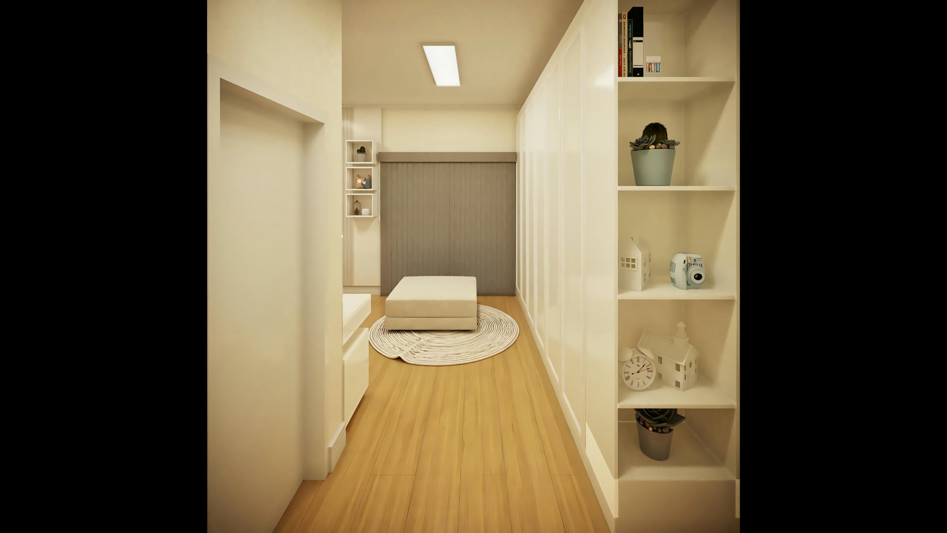 Decorated intimate corridor with niches and panel, part of the ready-made house plan with 3 suites and gourmet area. 368sqm ready-made house project, optimized for a 25x40 plot.