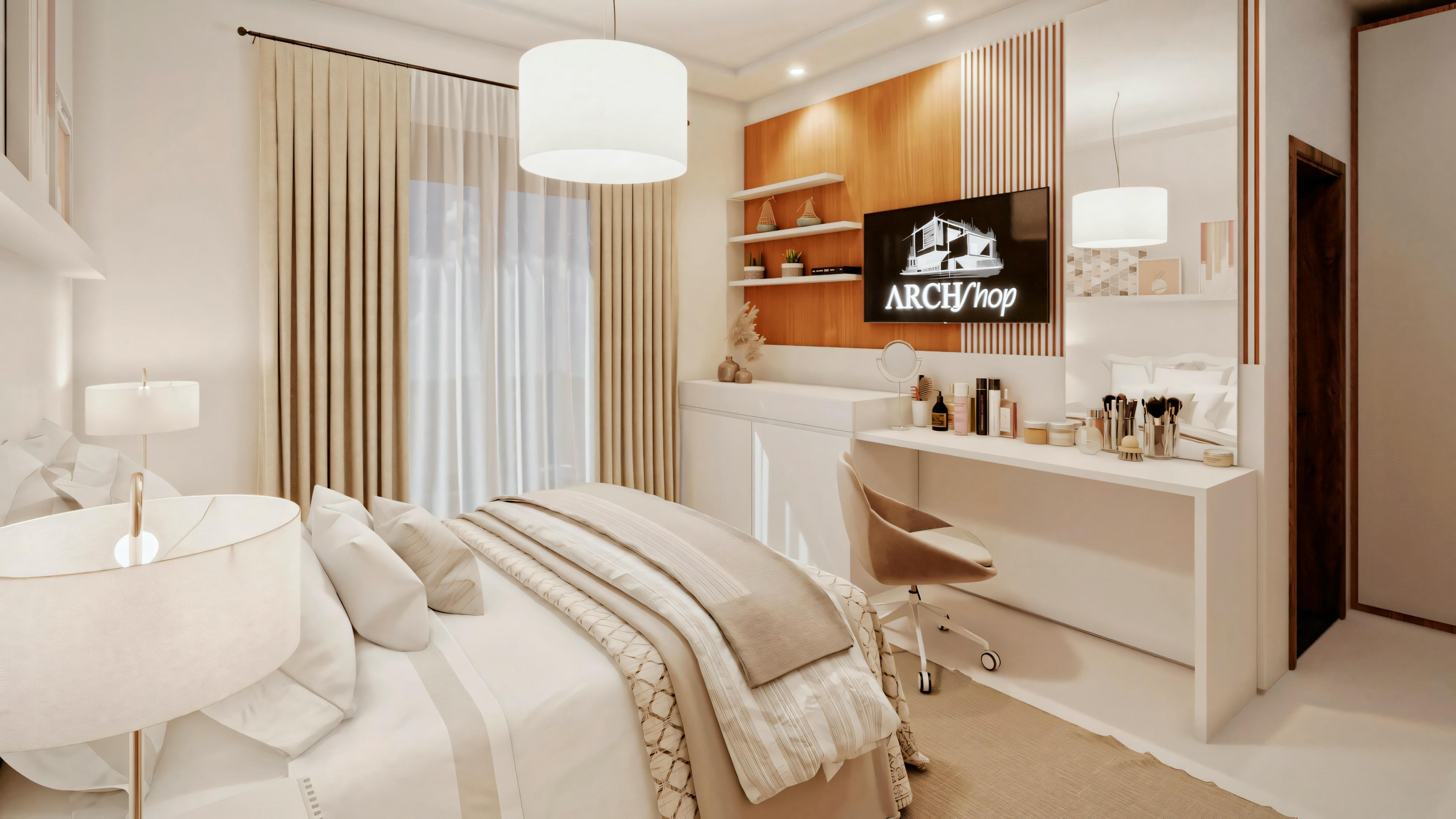 Un dormitorio con una cama grande, mesas de noche, lámparas y una puerta abierta que lleva a un baño con lavabo y espejo visibles.