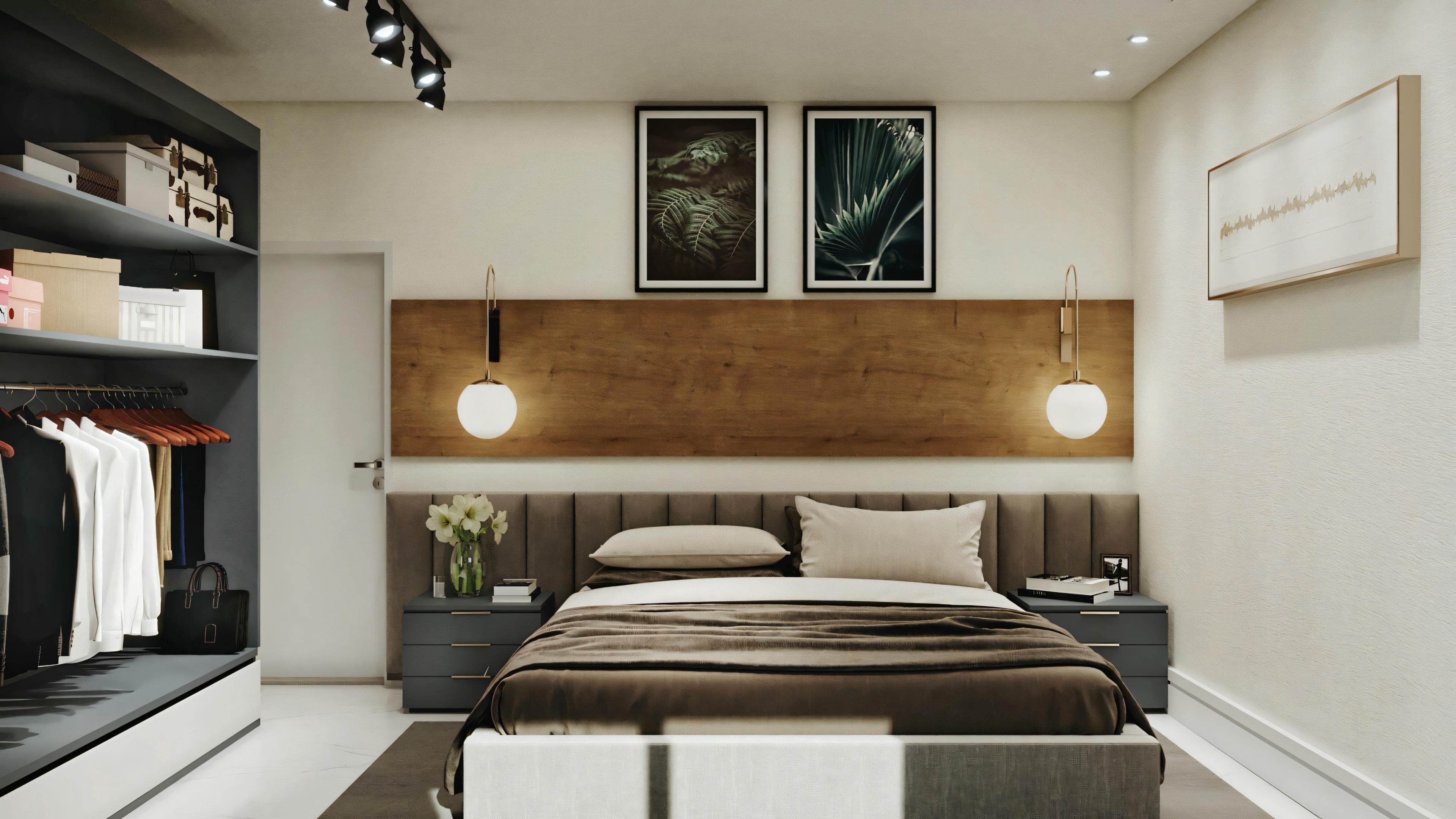 Un dormitorio moderno con una cama grande en el centro, flanqueada por dos lámparas de pared. Encima de la cama, hay tres cuadros enmarcados.