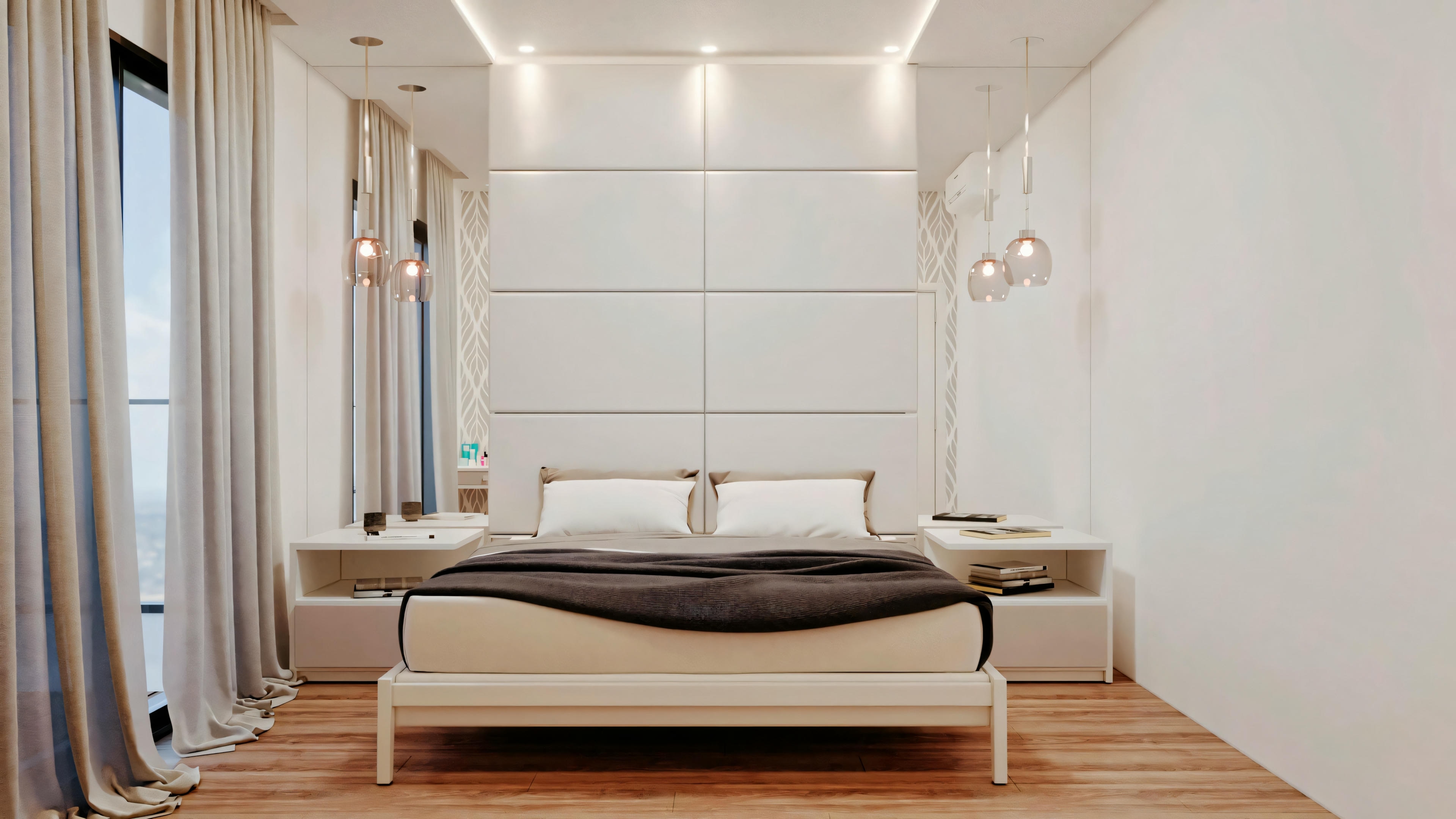 Dormitorio con una cama grande centrada en la pared del fondo, flanqueada por dos mesillas de noche pequeñas y decoración minimalista en las paredes.