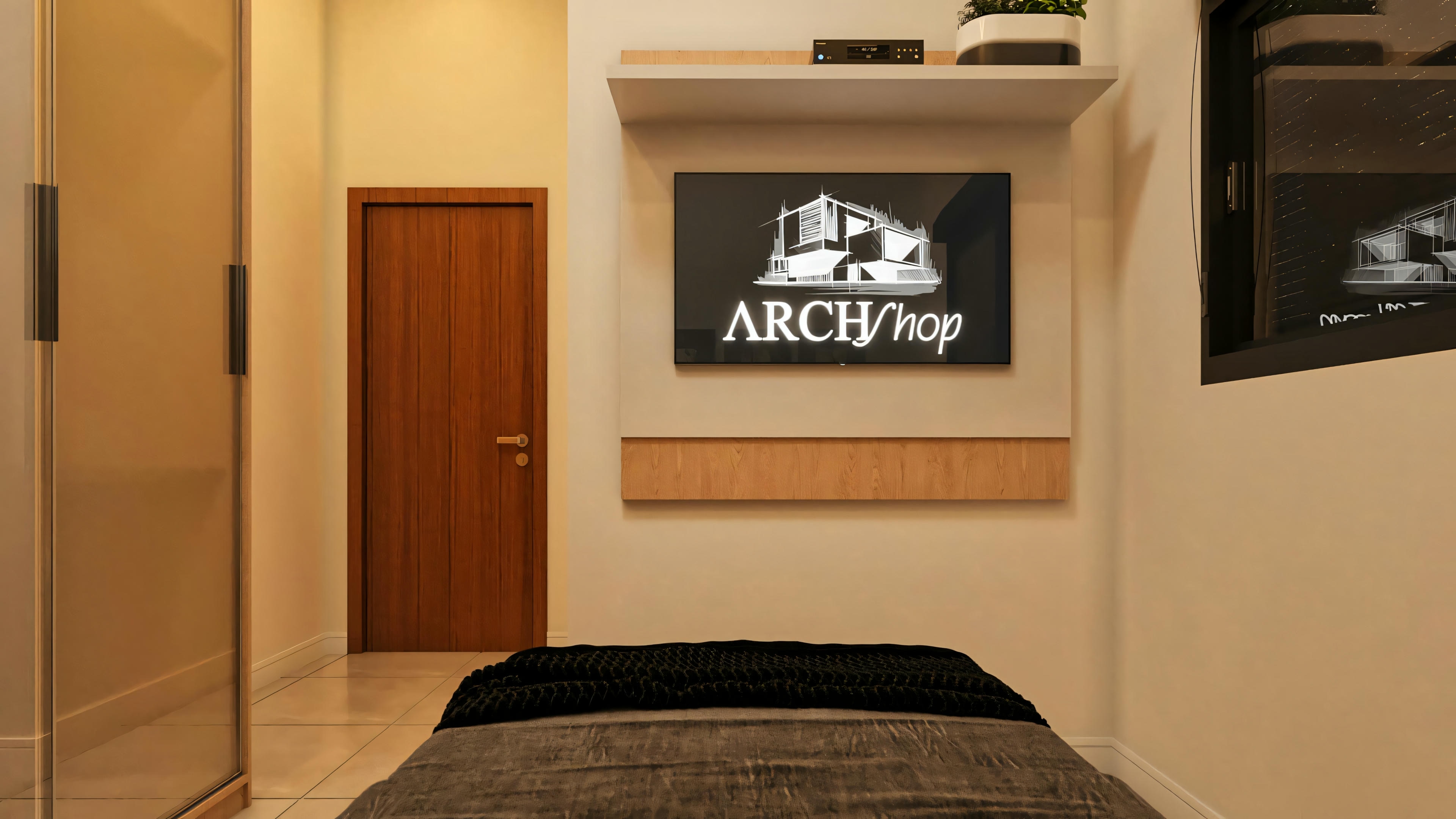 Visión frontal del panel de TV desde la cama en dormitorio de proyecto de casa moderna, incluyendo estante decorativo, puerta de madera a la izquierda y ventana alta a la derecha.
