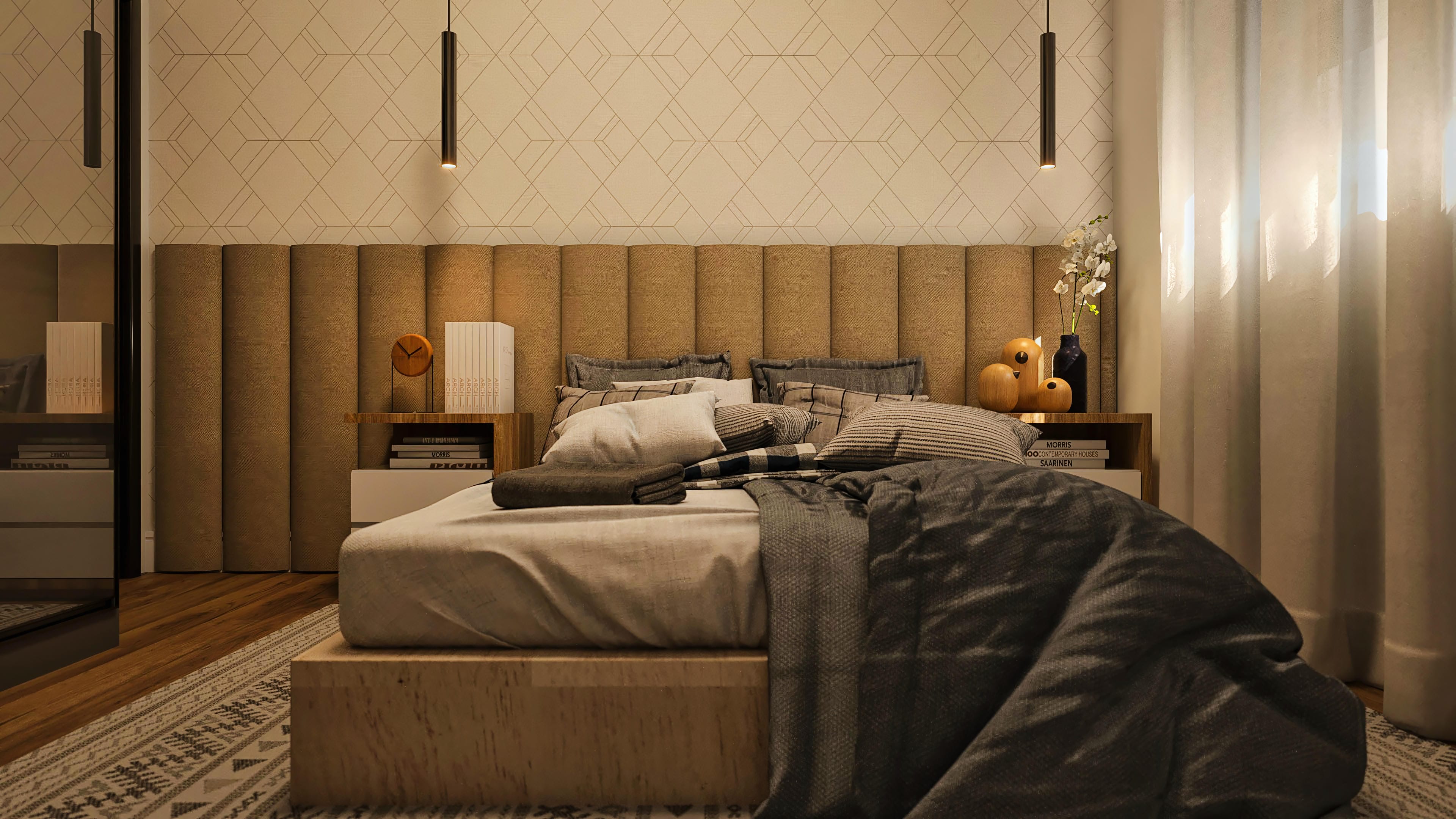 Dormitorio doble con cama amplia, cabecero tapizado en tono terroso, papel pintado con geometría sutil e iluminación moderna. Detalles en madera y textiles acogedores.