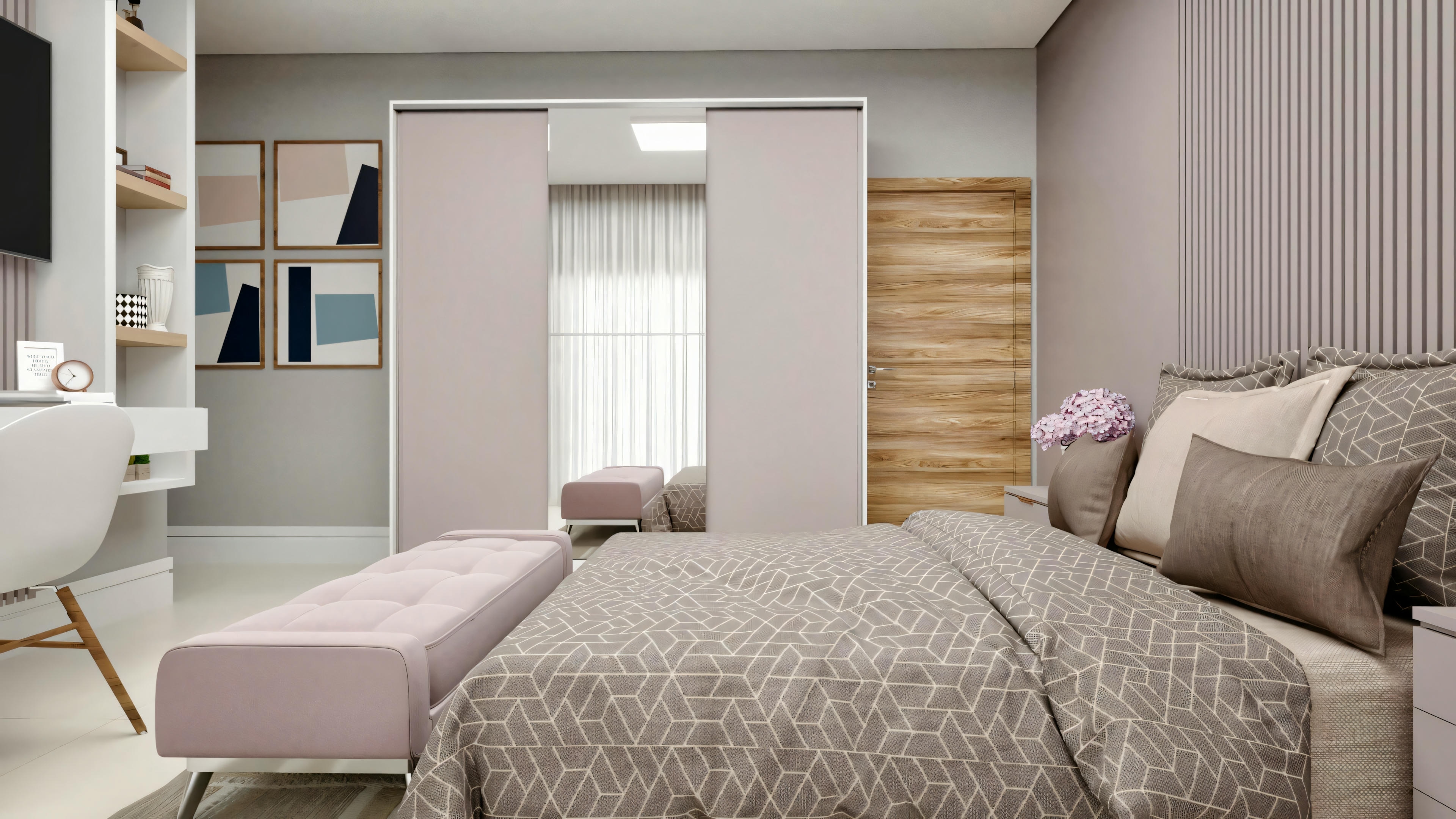 Vista lateral de la suite en tonos rosa antiguo/lila, mostrando la cama y el recamier tapizado. En destaque, zona de escritorio con estanterías y silla blanca, y armario con puertas correderas y espejo. Una de las 4 suites de la casa neoclásica con despacho.