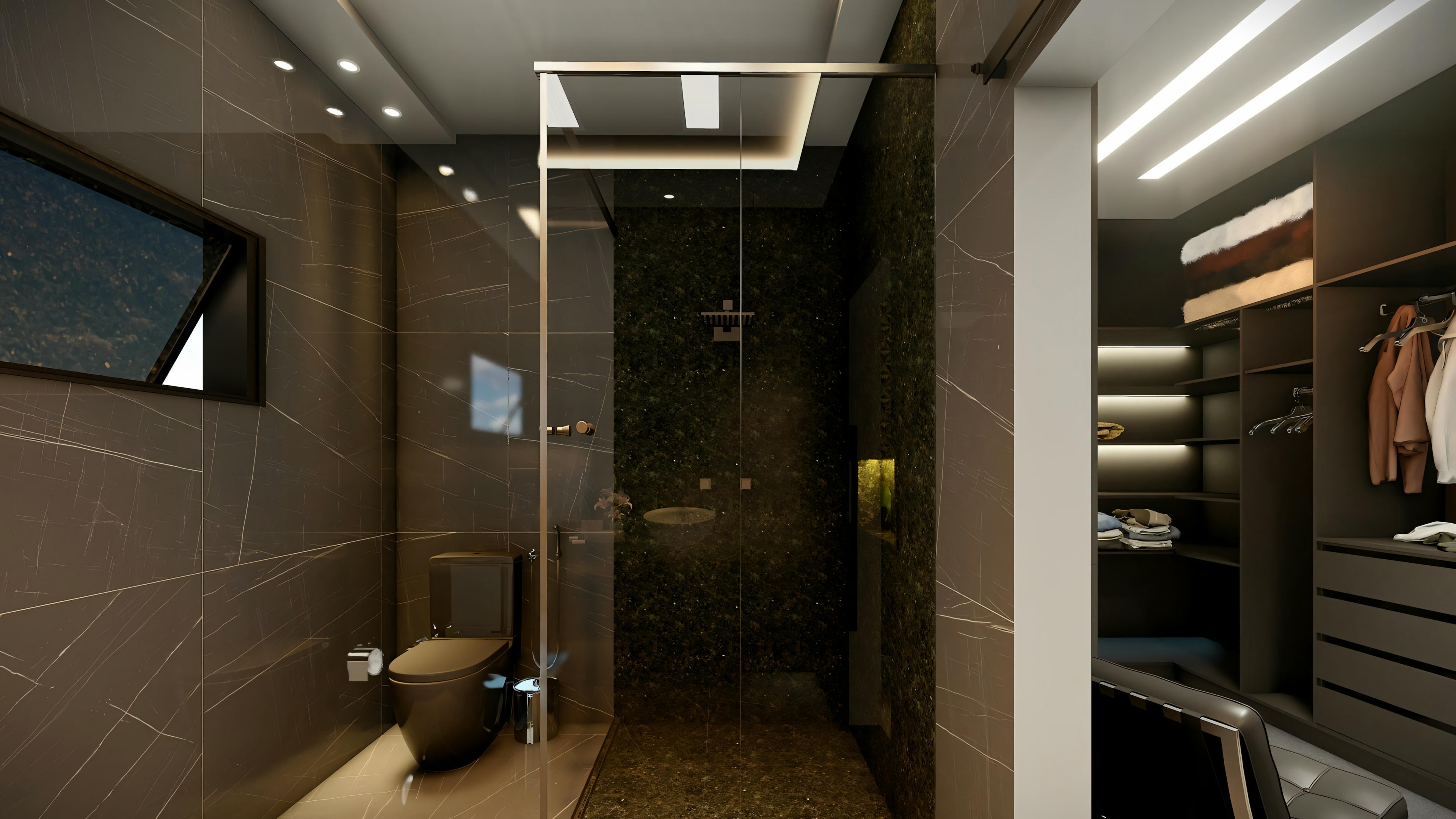 Elegant bathroom with a glass shower enclosure and tiled walls.