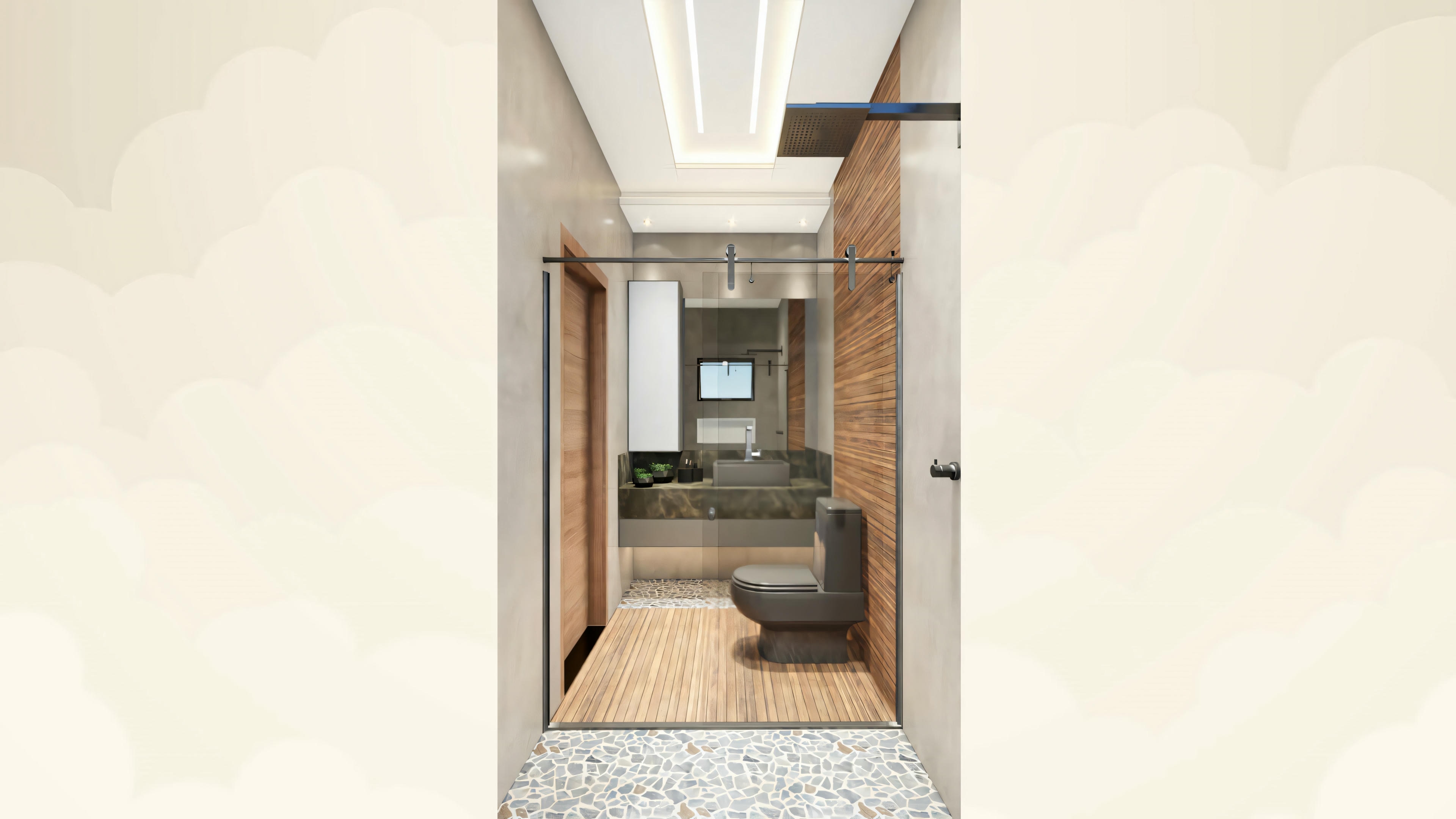 Hallway with wood floor, wood walls, and glass door at the end.