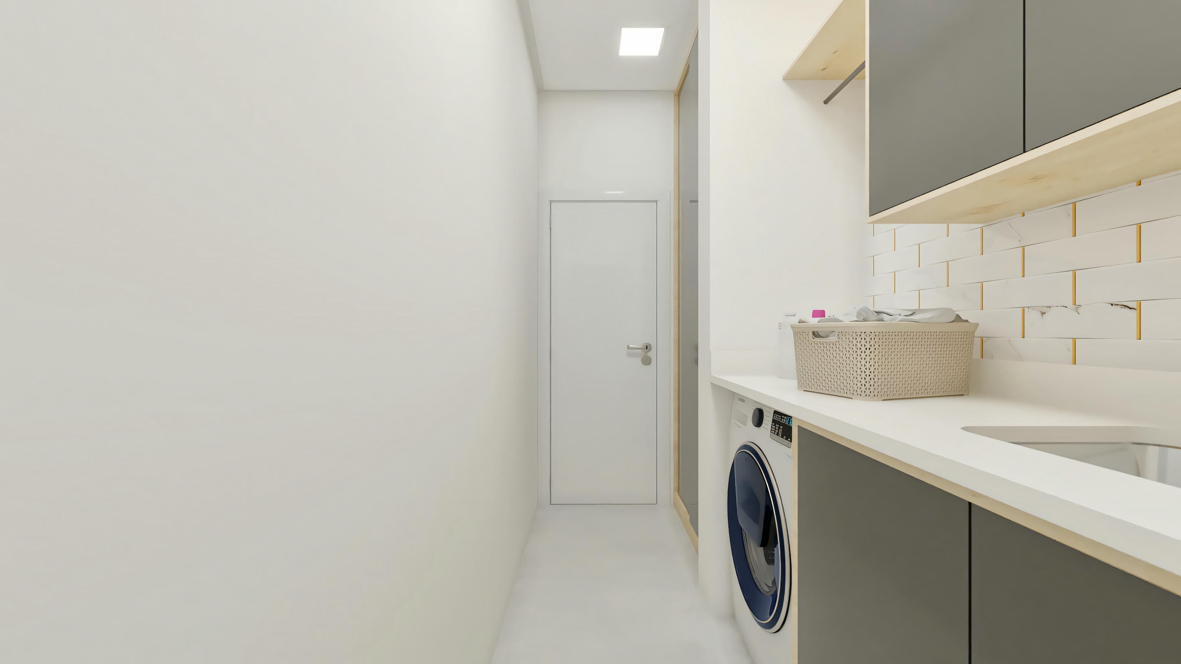 View of the laundry room corridor in the 3-bedroom house project with pool. Functional service area with cabinets and tank. Archshop architectural project.