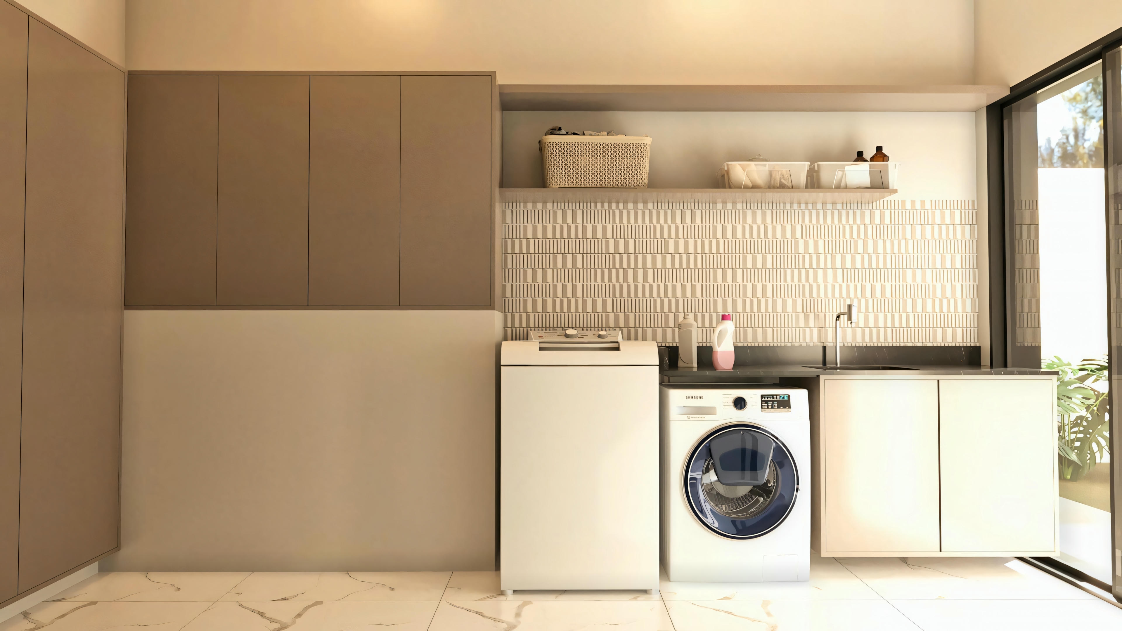 Lavadero equipado y funcional, parte del proyecto de casa de planta baja con 3 suites. Posee máquina de lavar, pileta, mesada, armarios planeados y acceso al área externa. Detalle importante en la planta de casa de planta baja de 276.43m².
