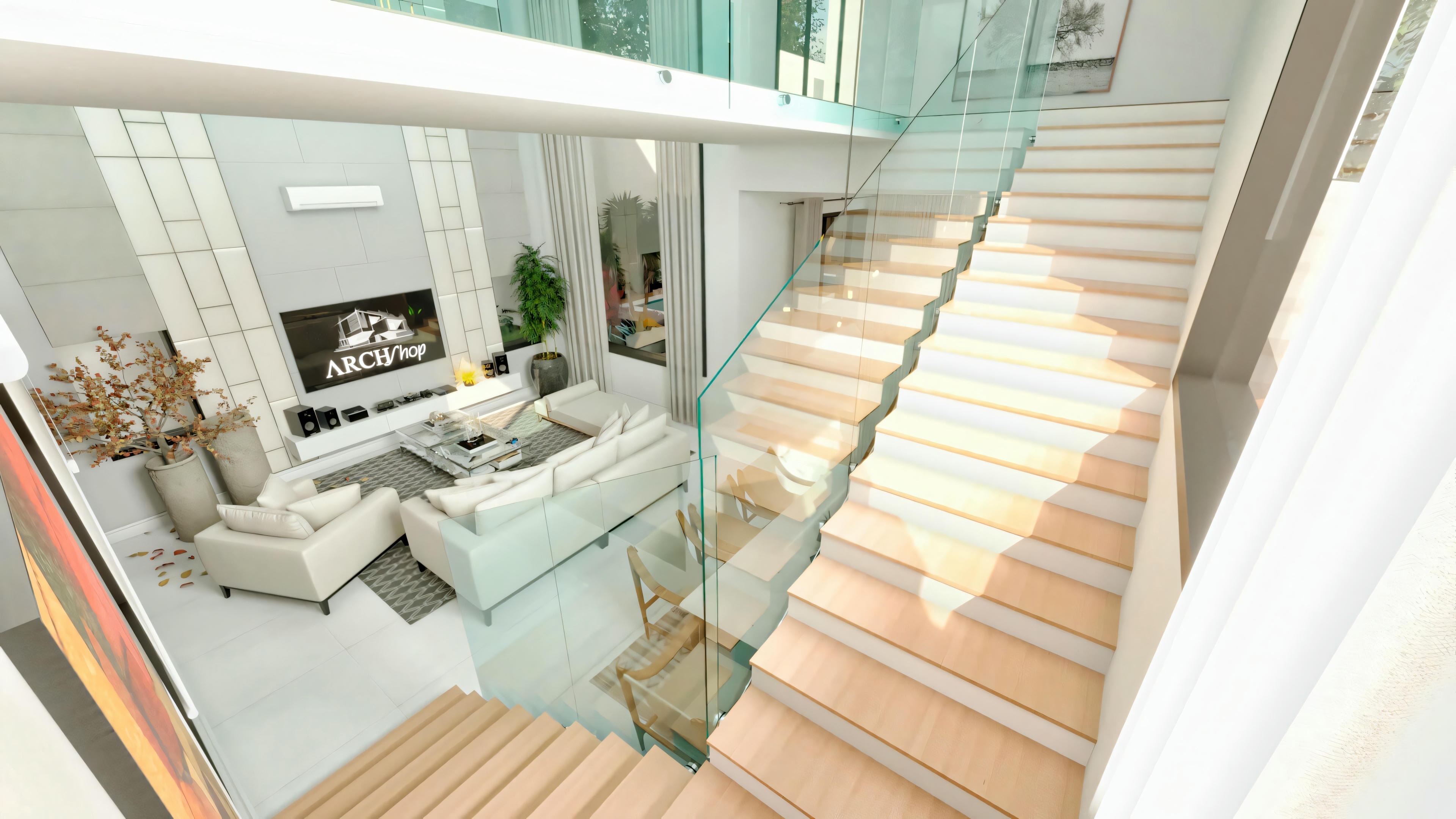 Living space with a staircase and seating area.