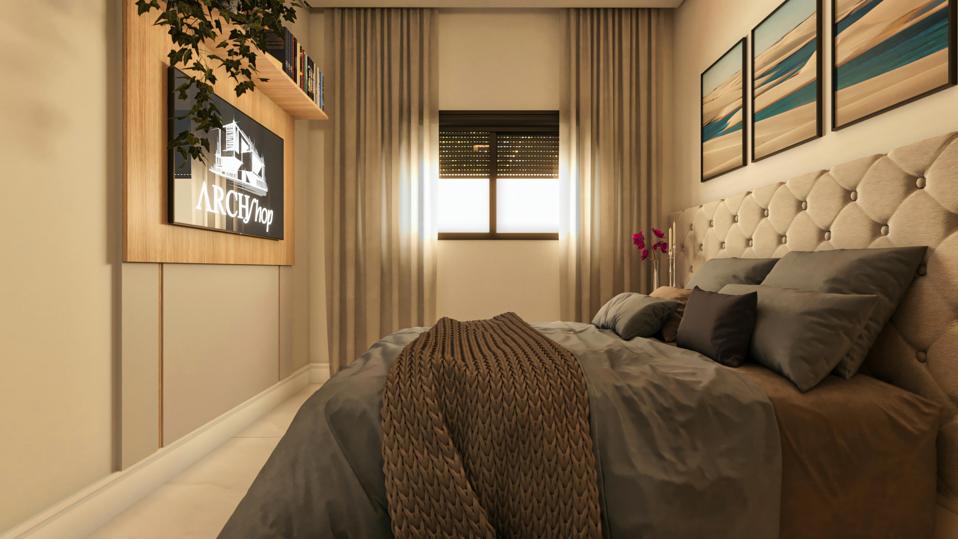 Master suite bedroom in a modern 3-bedroom house, view from the bed towards the window with curtains and blinds, and the wooden TV panel. Bedroom with upholstered headboard and contemporary decor.