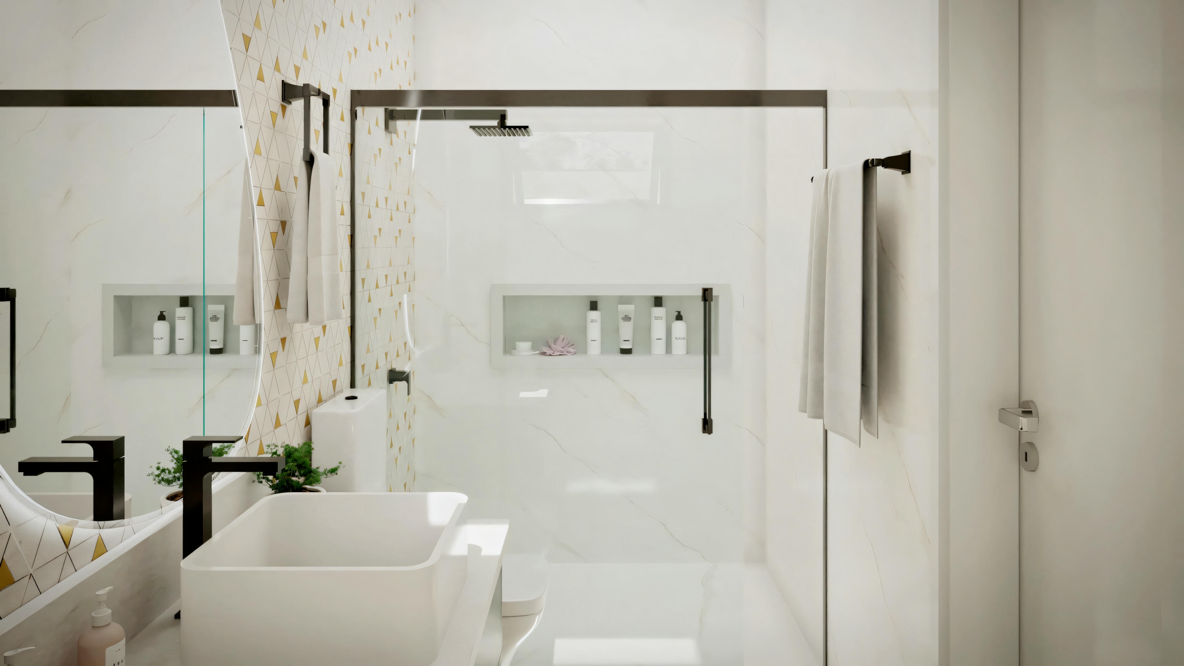 Modern bathroom with a clear glass shower enclosure, white sink, and dark blue wall tiles.