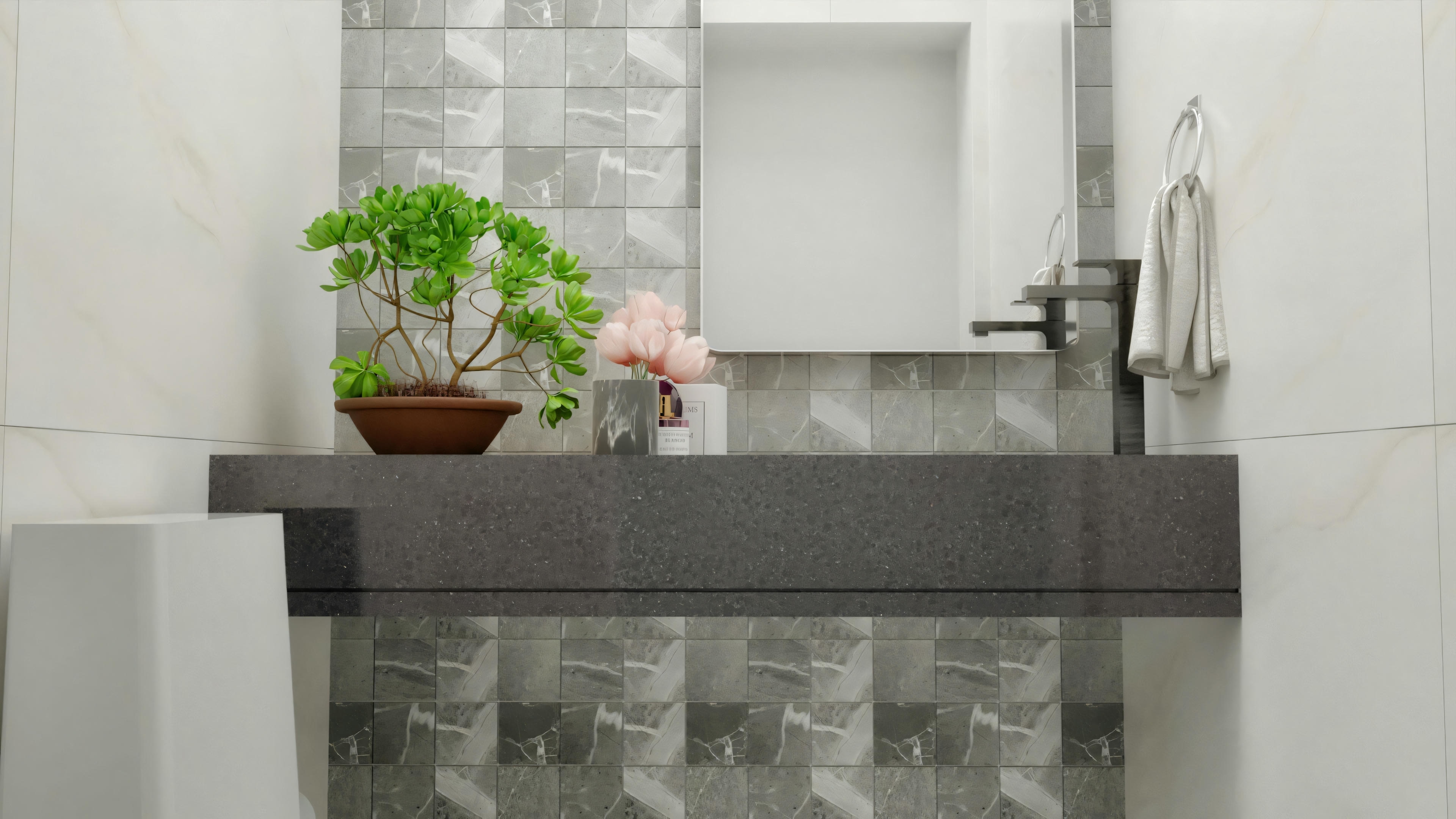 Bathroom sink area with a sink, faucet, and decorative items.