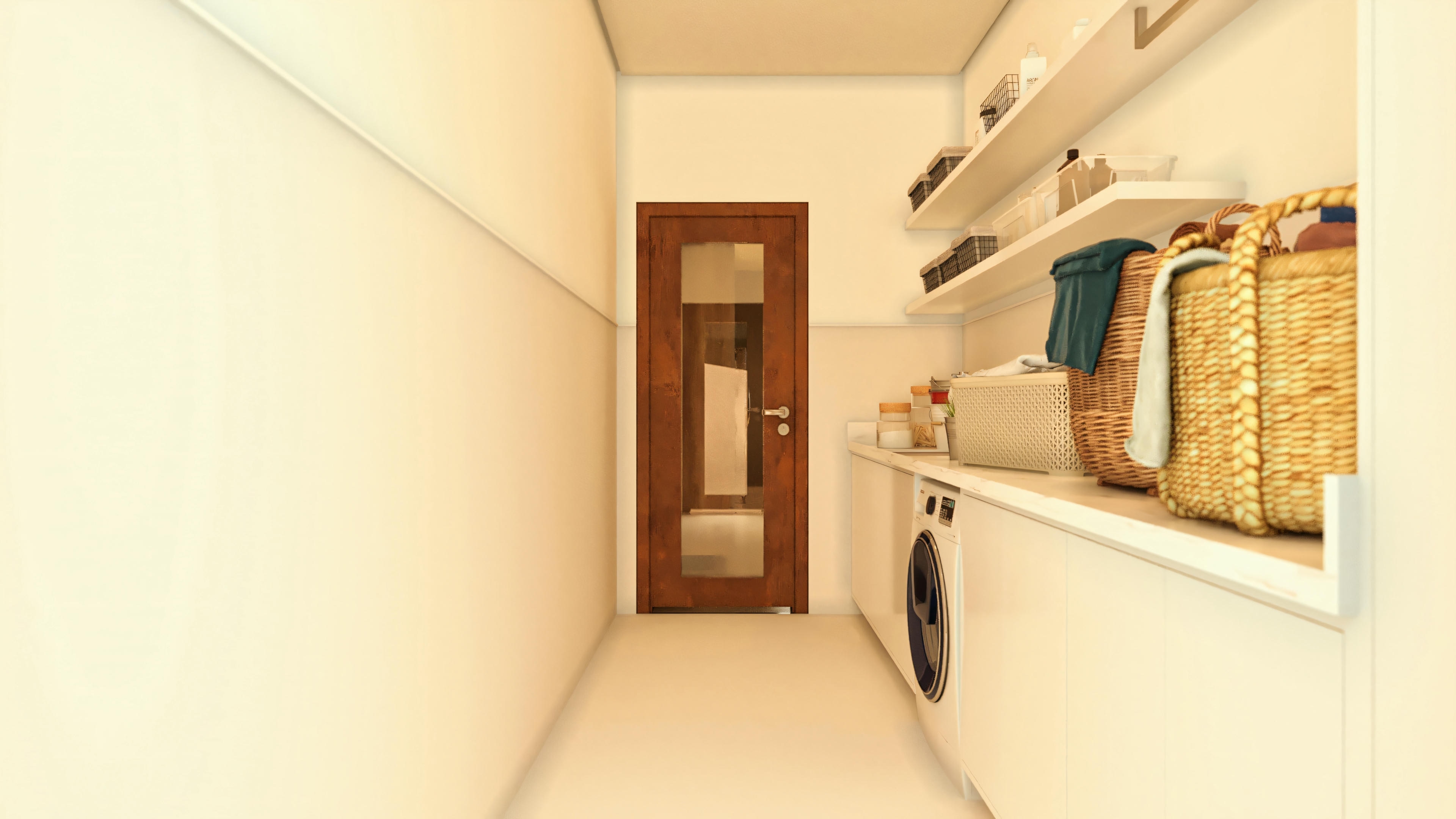 Front view of the TV panel from the bed in a modern house project bedroom, including a decorative shelf, wooden door to the left, and a tall window to the right.