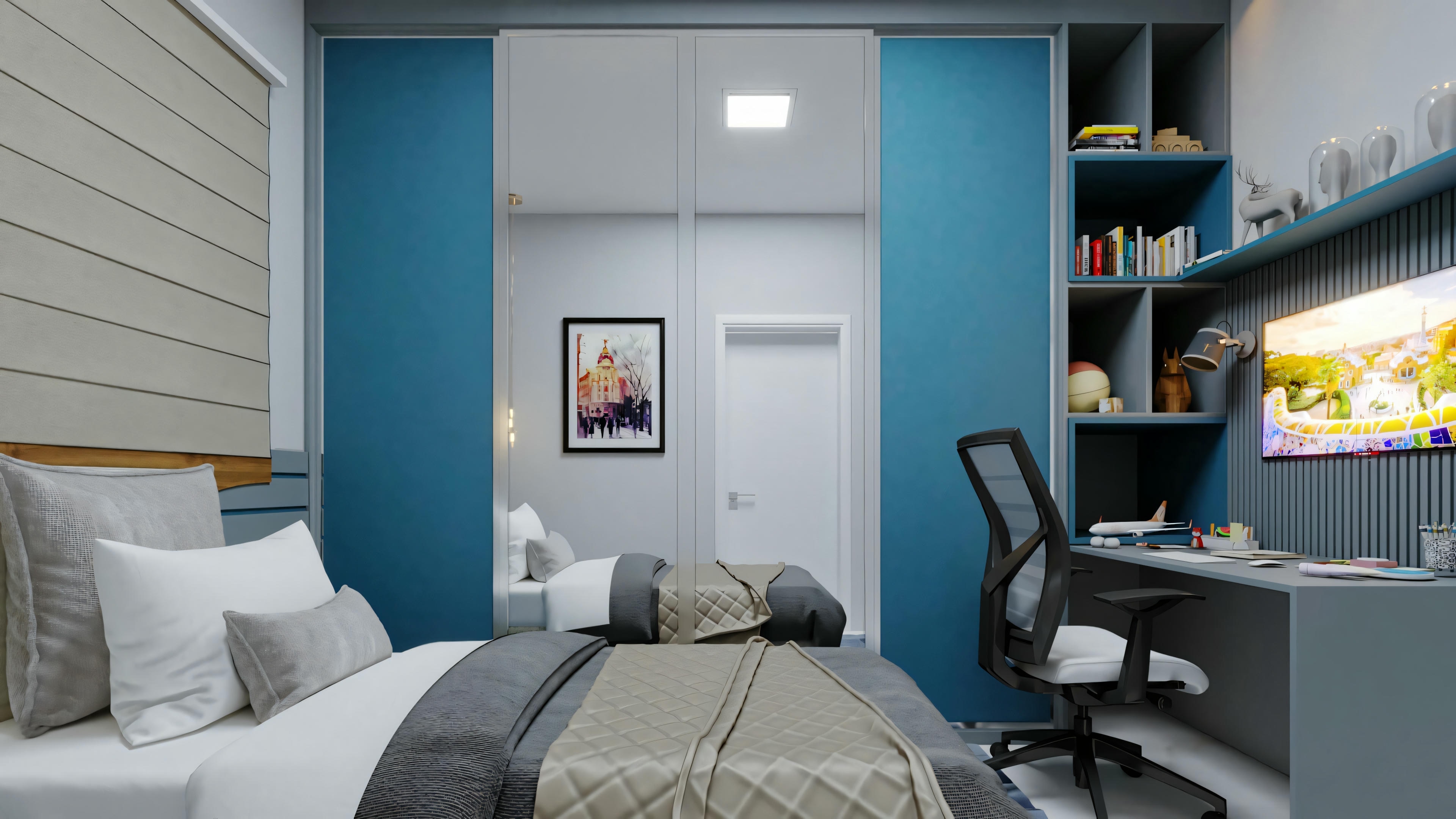 A modern bedroom with a bed against a blue wall, white walls around, and a desk with a computer chair on the right.