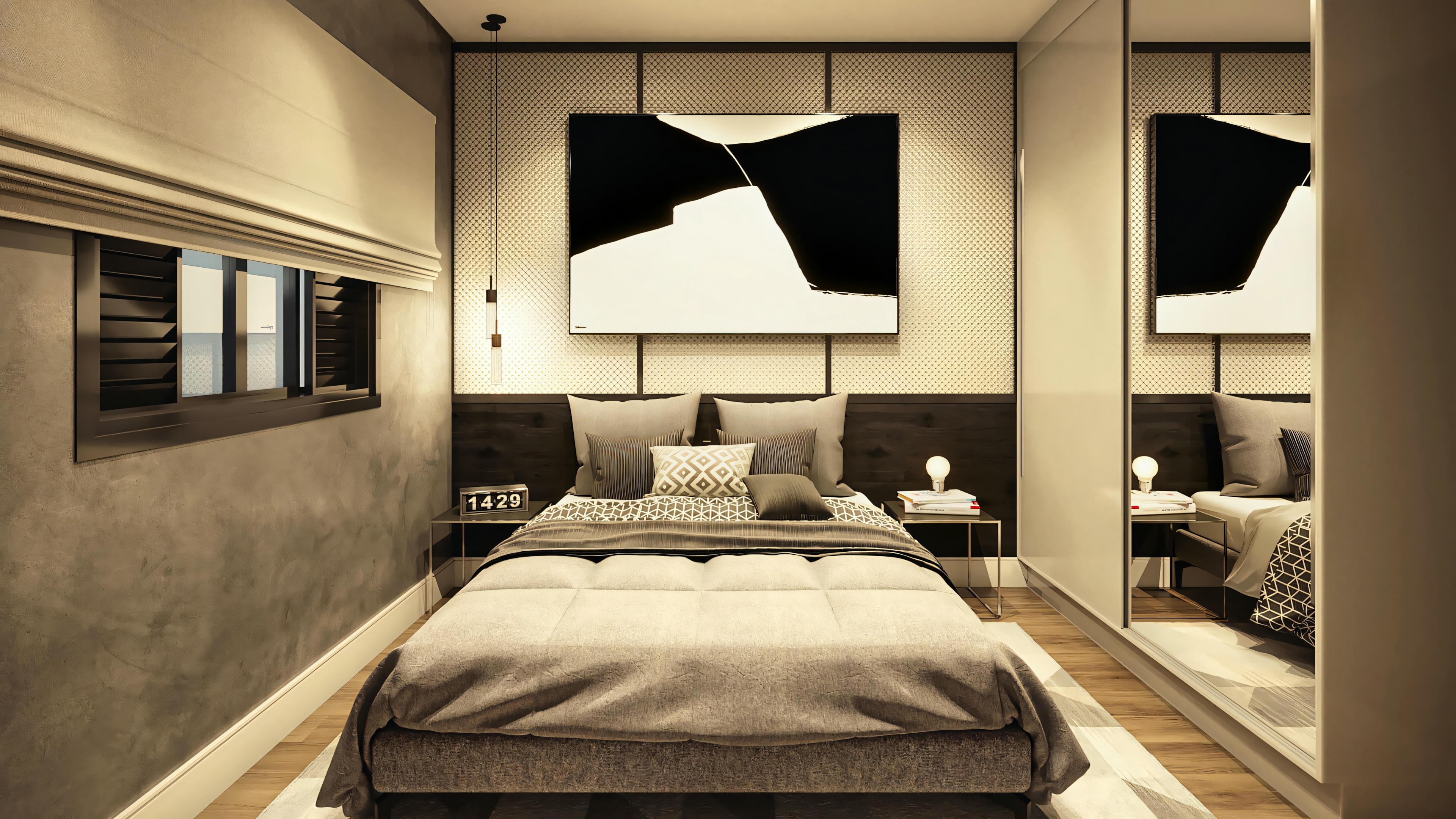 Modern bedroom with a large centered bed, bedside tables with lamps, and abstract art on the wall.