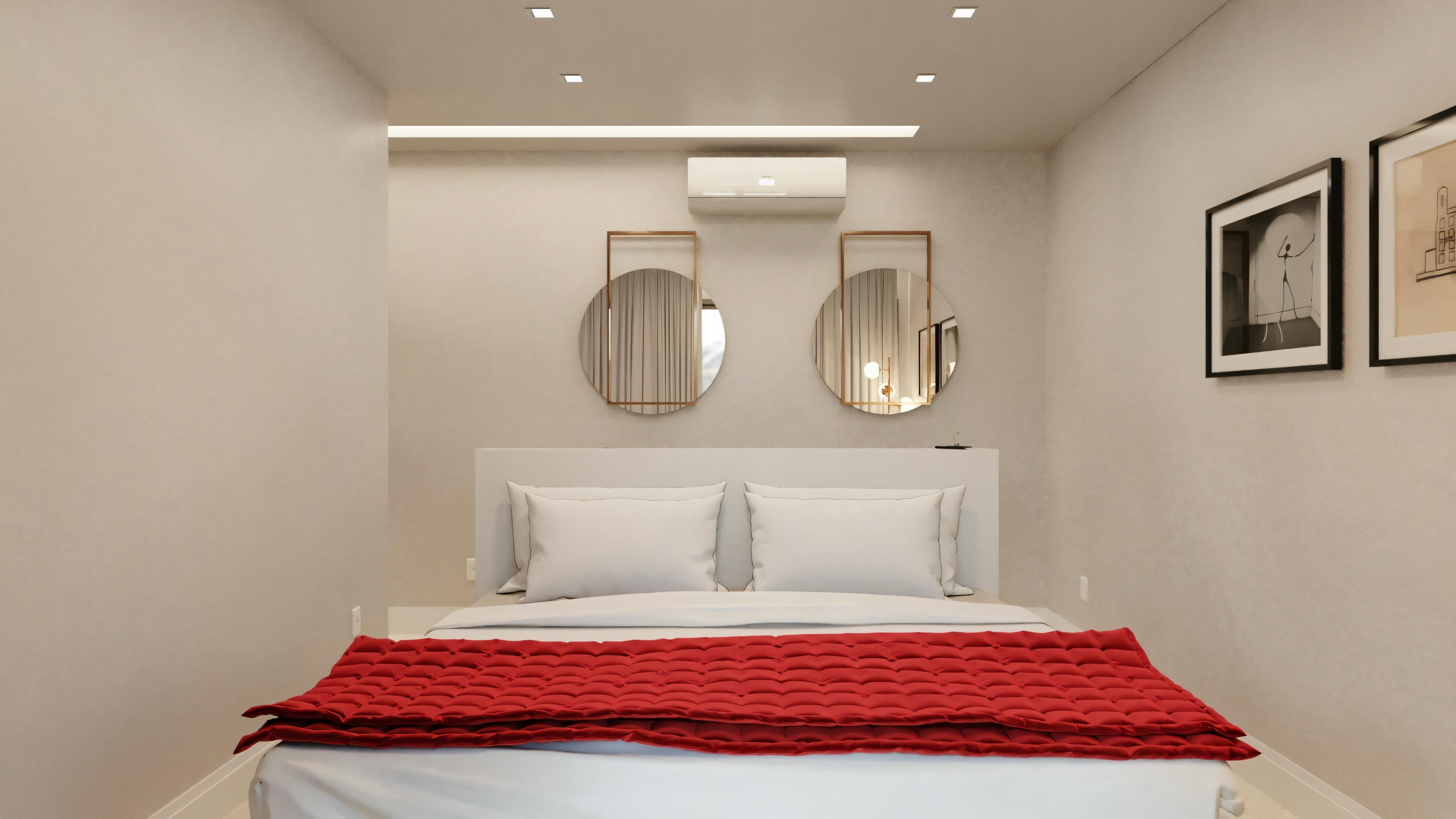 A room with a large bed covered with a red blanket, two round mirrors on the wall above the bed, and nightstands with lamps.