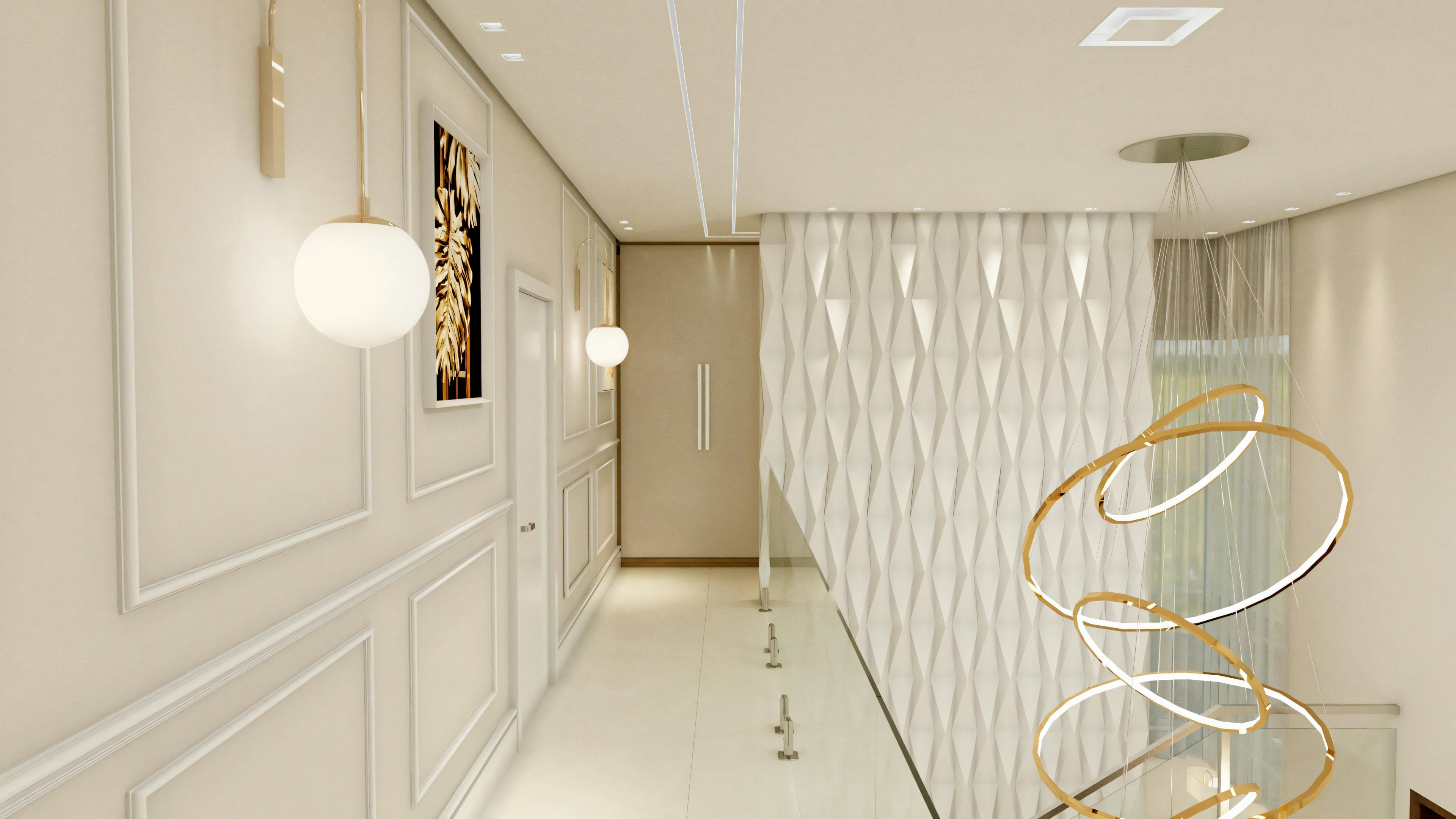 A modern hallway with light walls, decorative moldings, and ceiling lights.