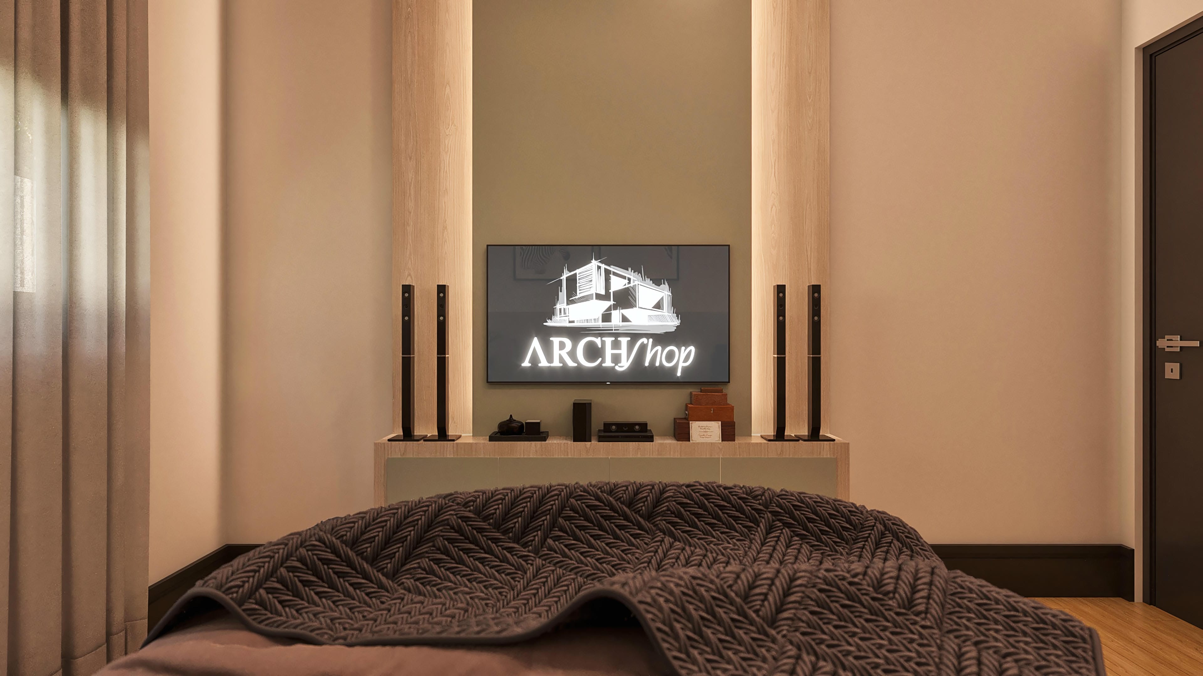 View of an internal environment with a beige-toned wall, wood cladding, and details in neutral colors, ideal for a modern single-story house project.