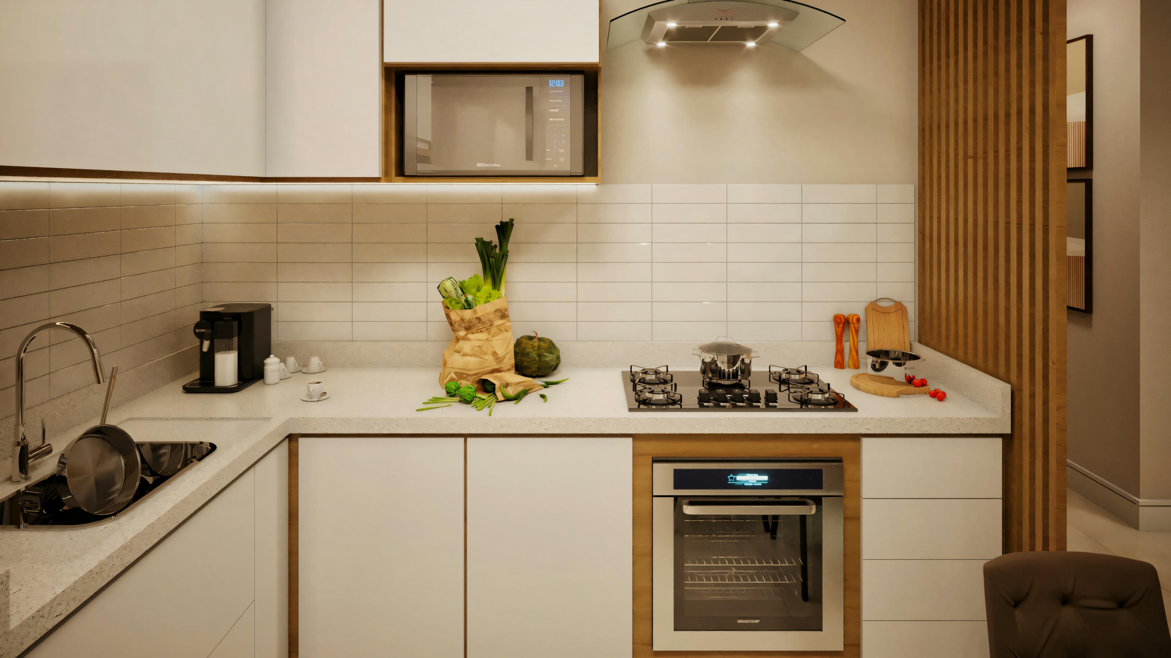 Modern kitchen with white cabinets, built-in oven, stove, and kitchen items on the countertop.