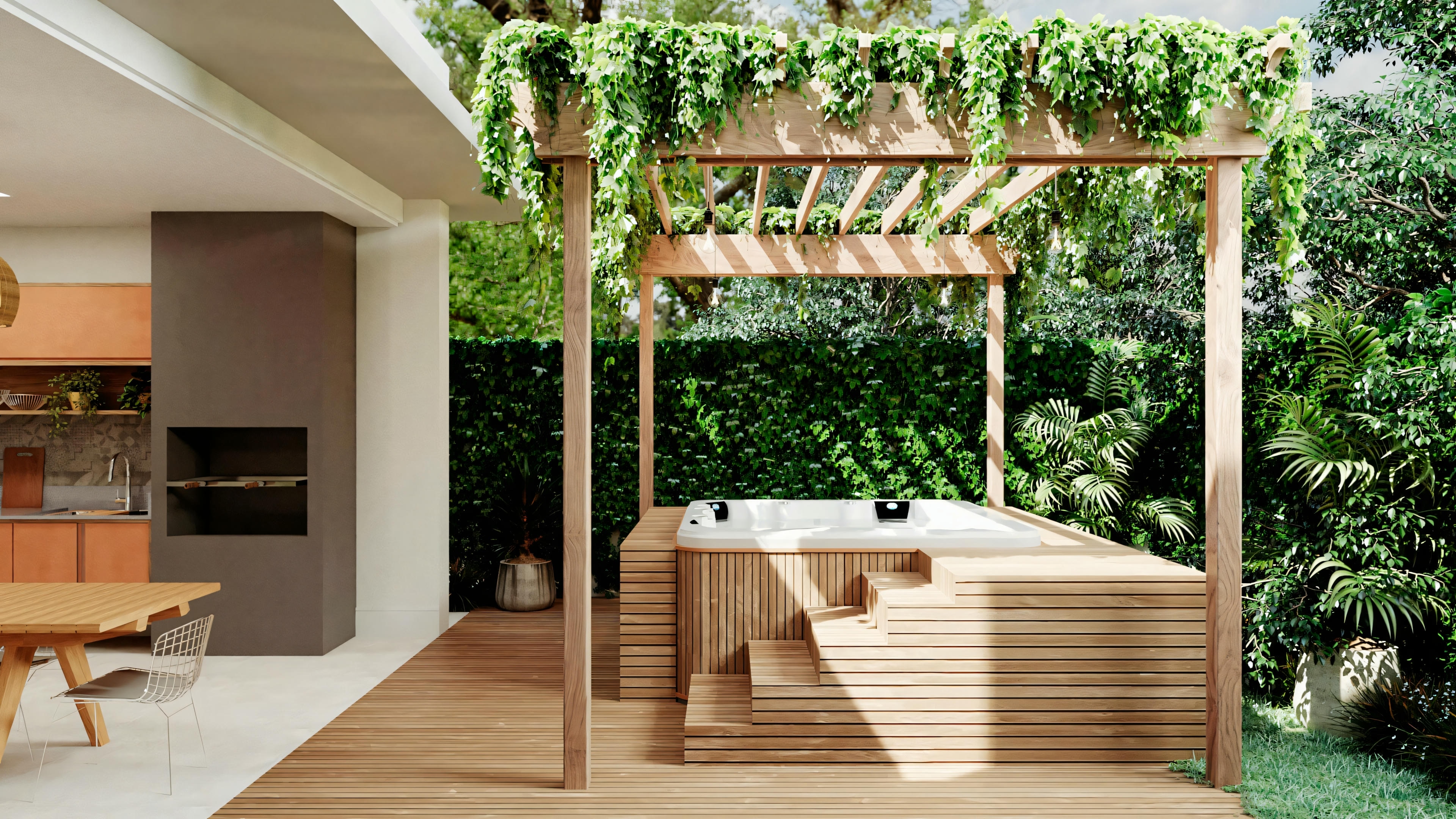 Outdoor patio area with wooden deck and pergola covered in vegetation.
