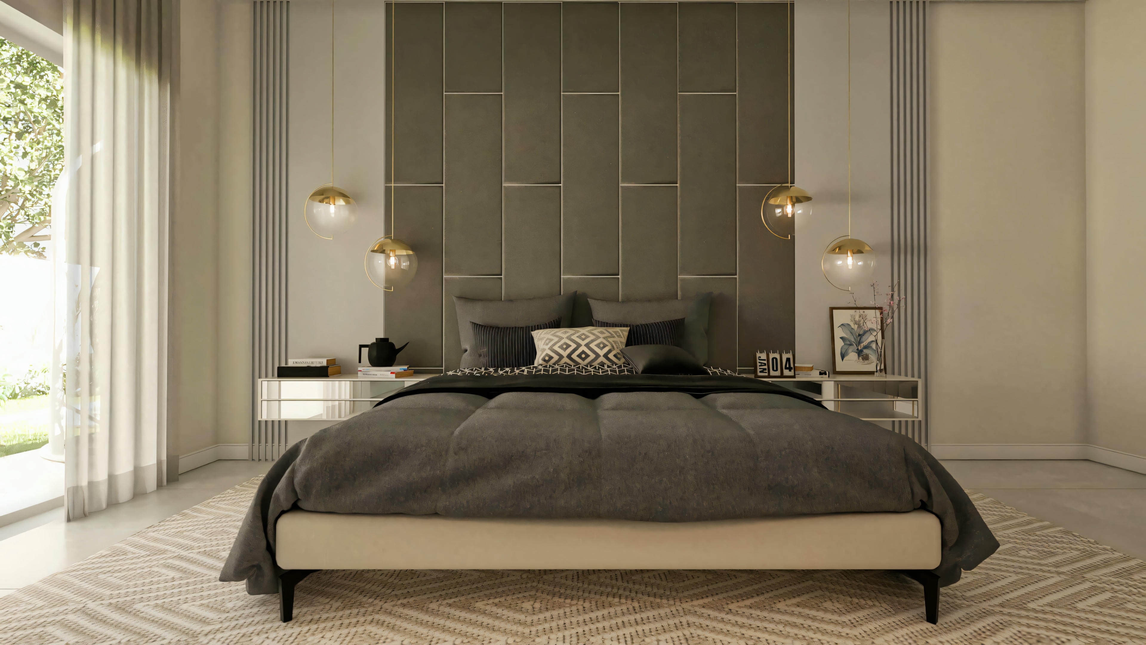 Photo of the master suite in a modern single-story house project with 3 bedrooms (total area 203.67m²). Elegant decor with an upholstered headboard extending along the wall, side panels, pendants, and access to an external area.