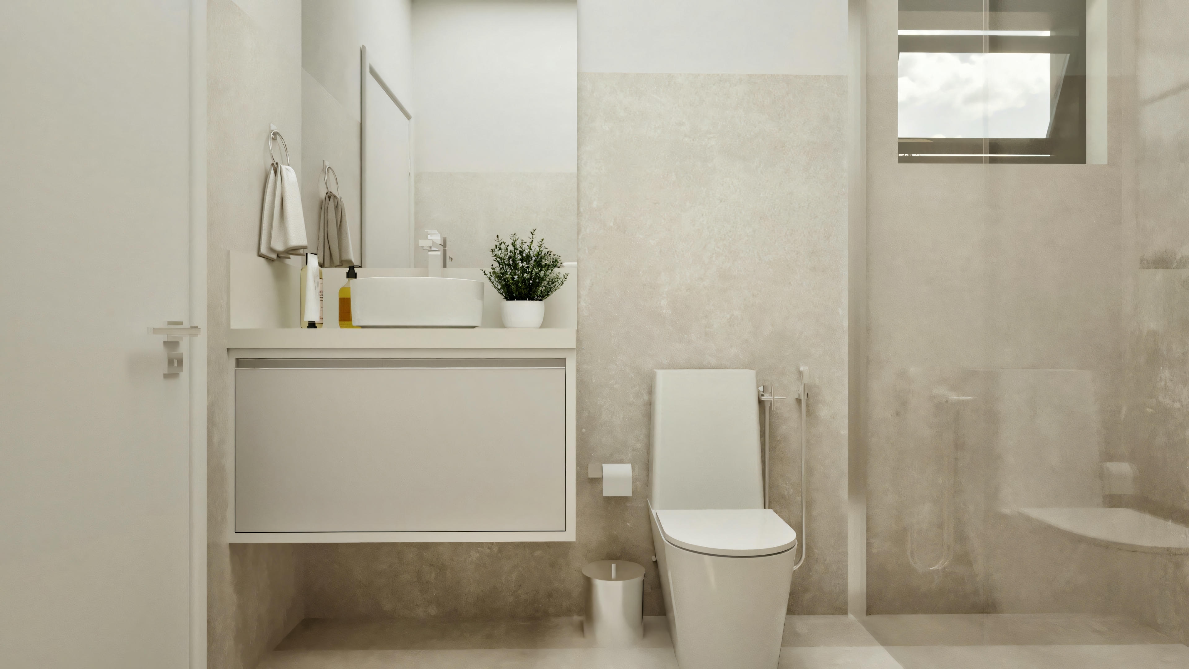 Suite bathroom of a modern type 4 house with a clean design, featuring a light-colored suspended countertop with a rectangular overlay sink, toilet, and clear glass shower stall.