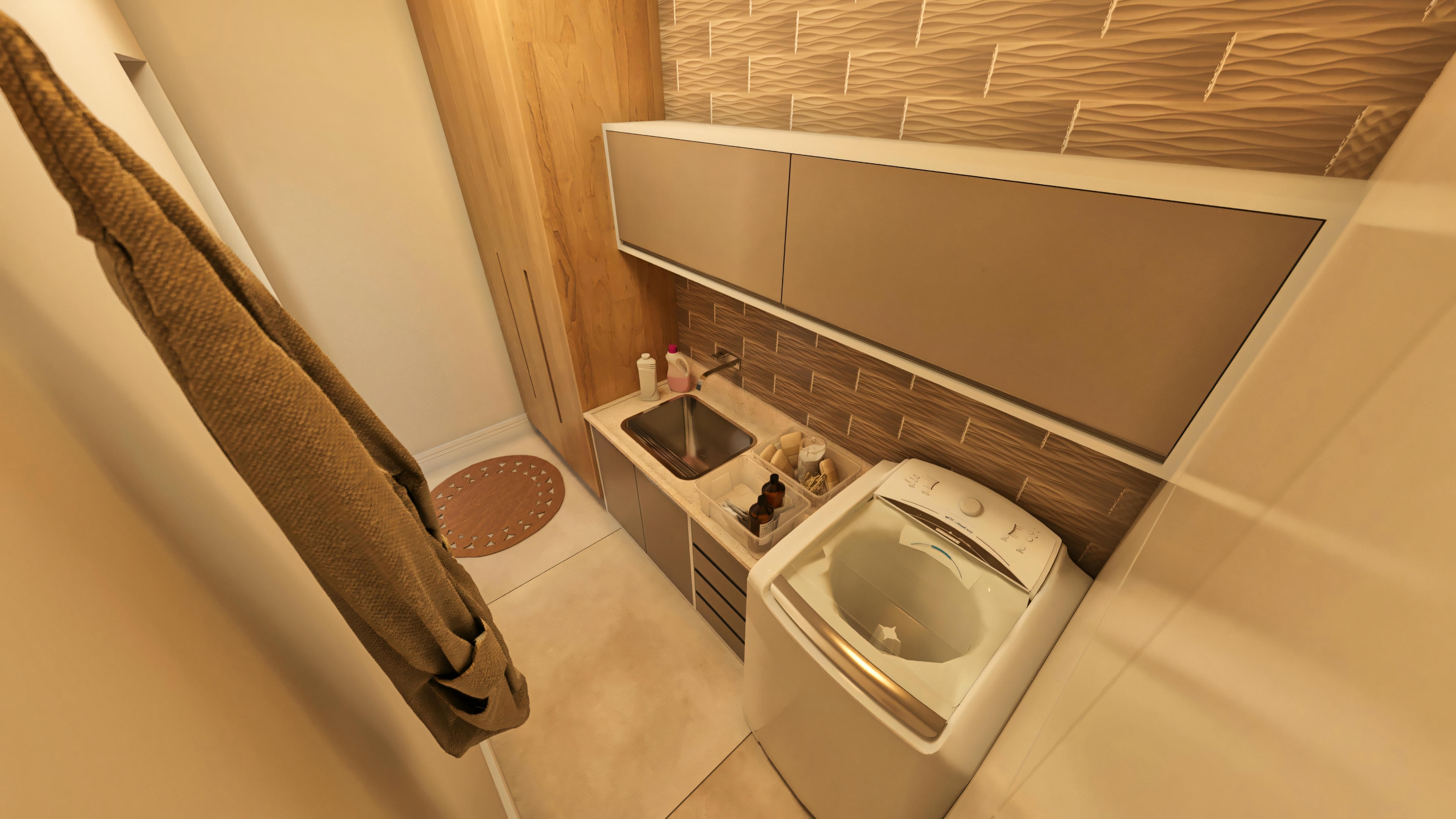 Top view of the planned laundry room in this modern two-story house, detailing the organization of the space with a washing machine, sink, tall wood cabinet, and hanging cabinets.