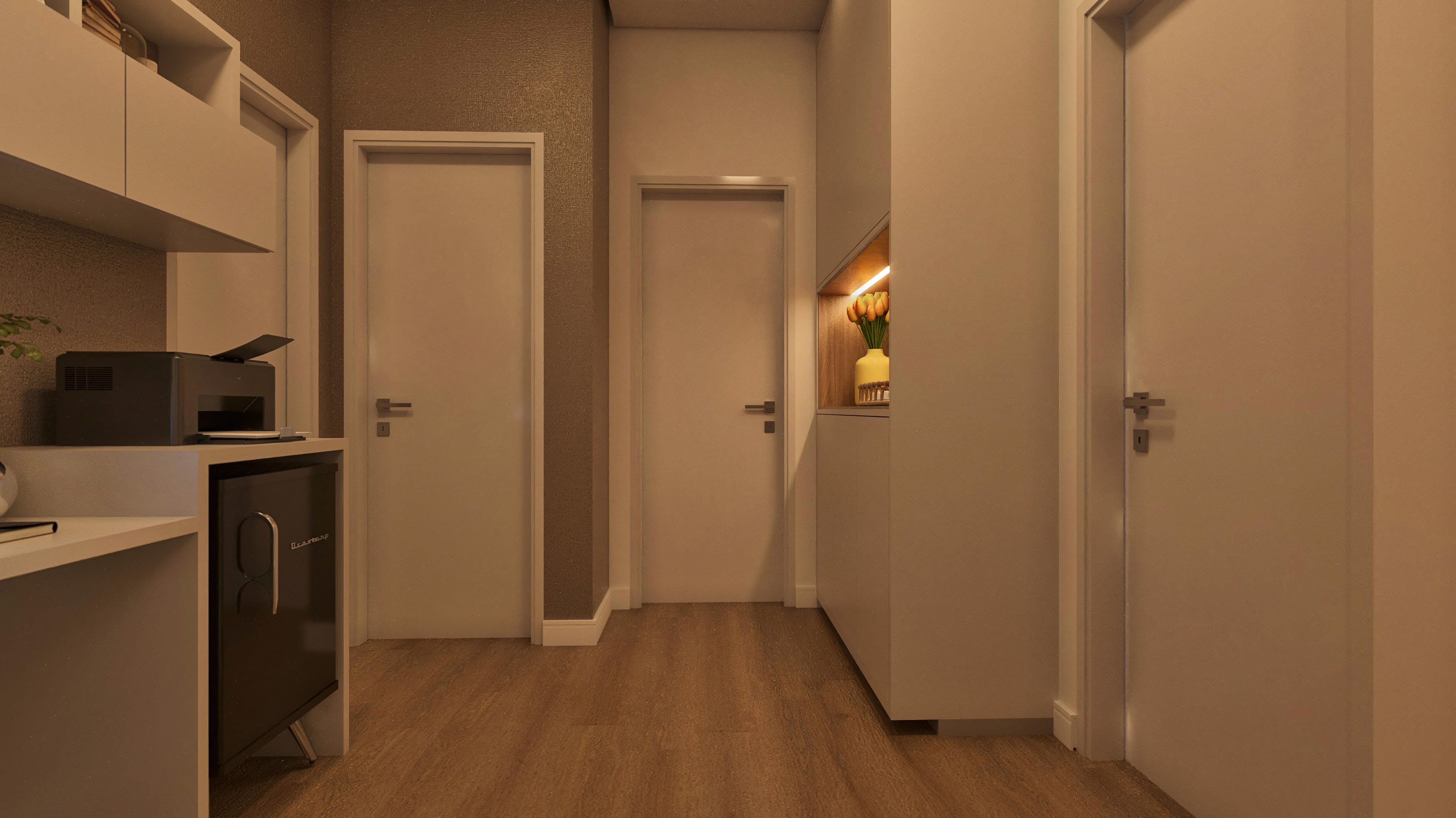 Internal environment with neutral finish, featuring built-in shelves with decorative lighting, modern style door, and texture details on the walls.
