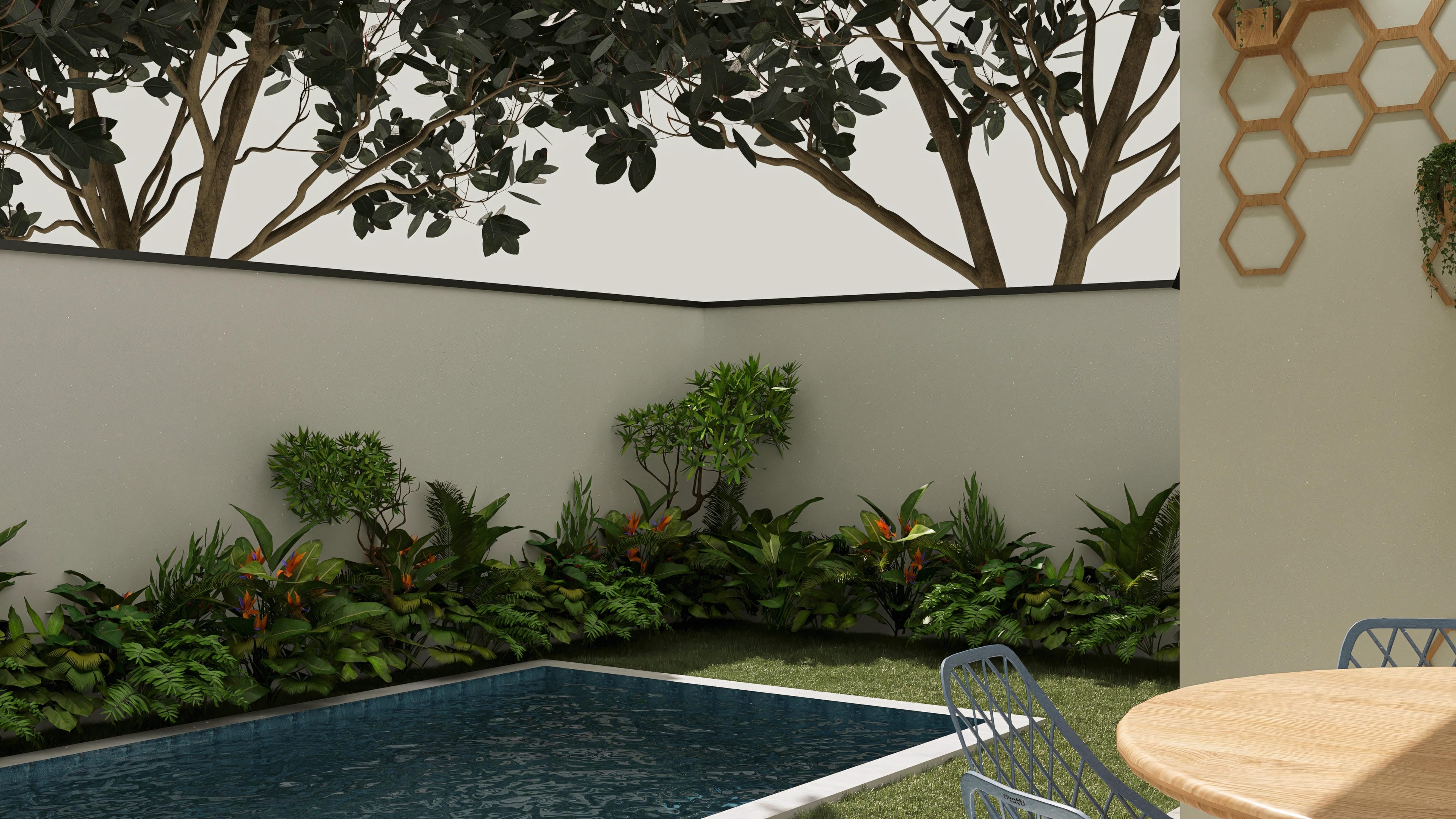 Área externa de casa de una planta moderna con piscina, paisajismo exuberante y mobiliario de jardín. La piscina de tono azul oscuro contrasta con el verde vibrante de la vegetación.