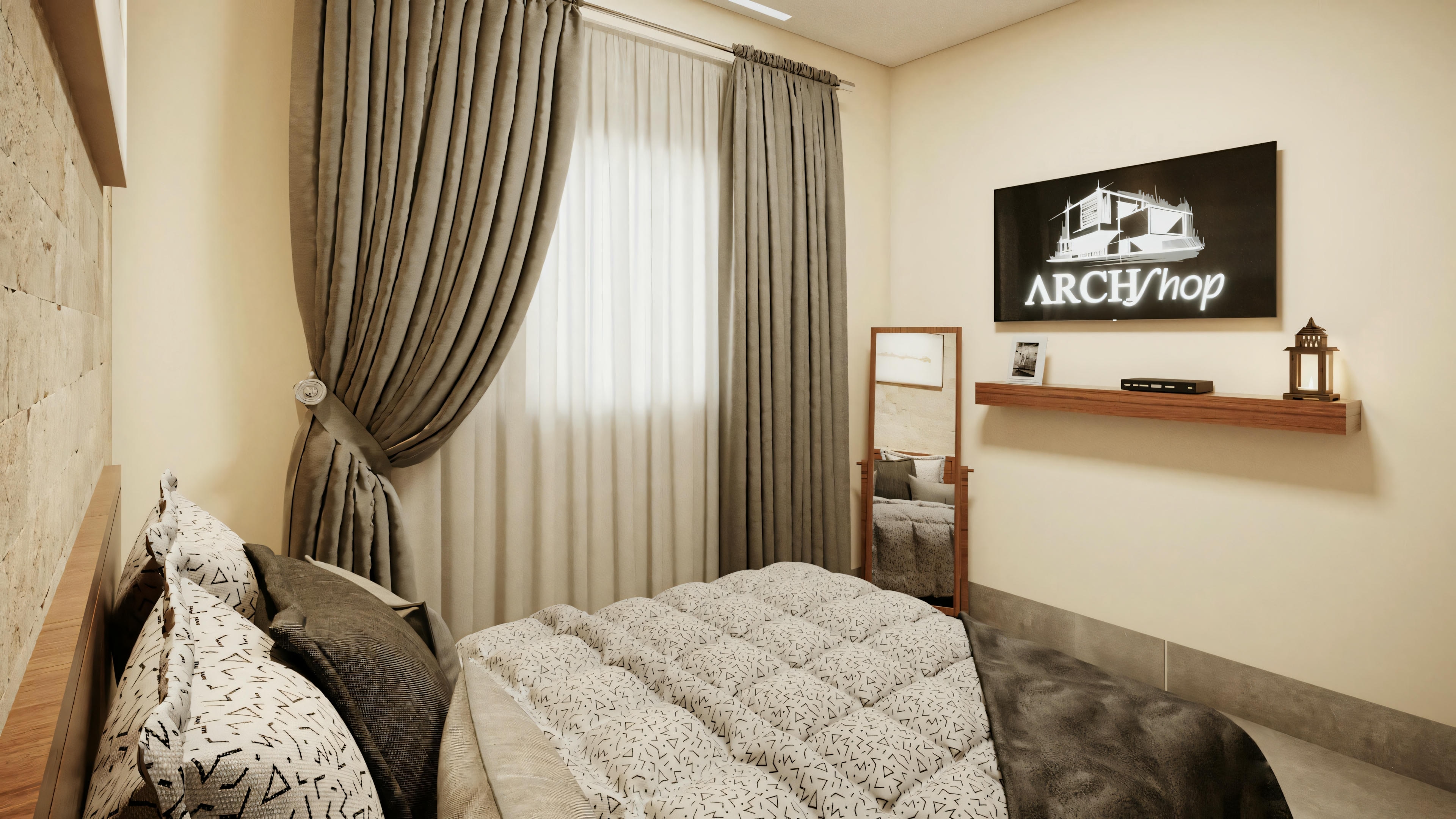 Quarto com cama, parte de uma janela com cortinas visível.