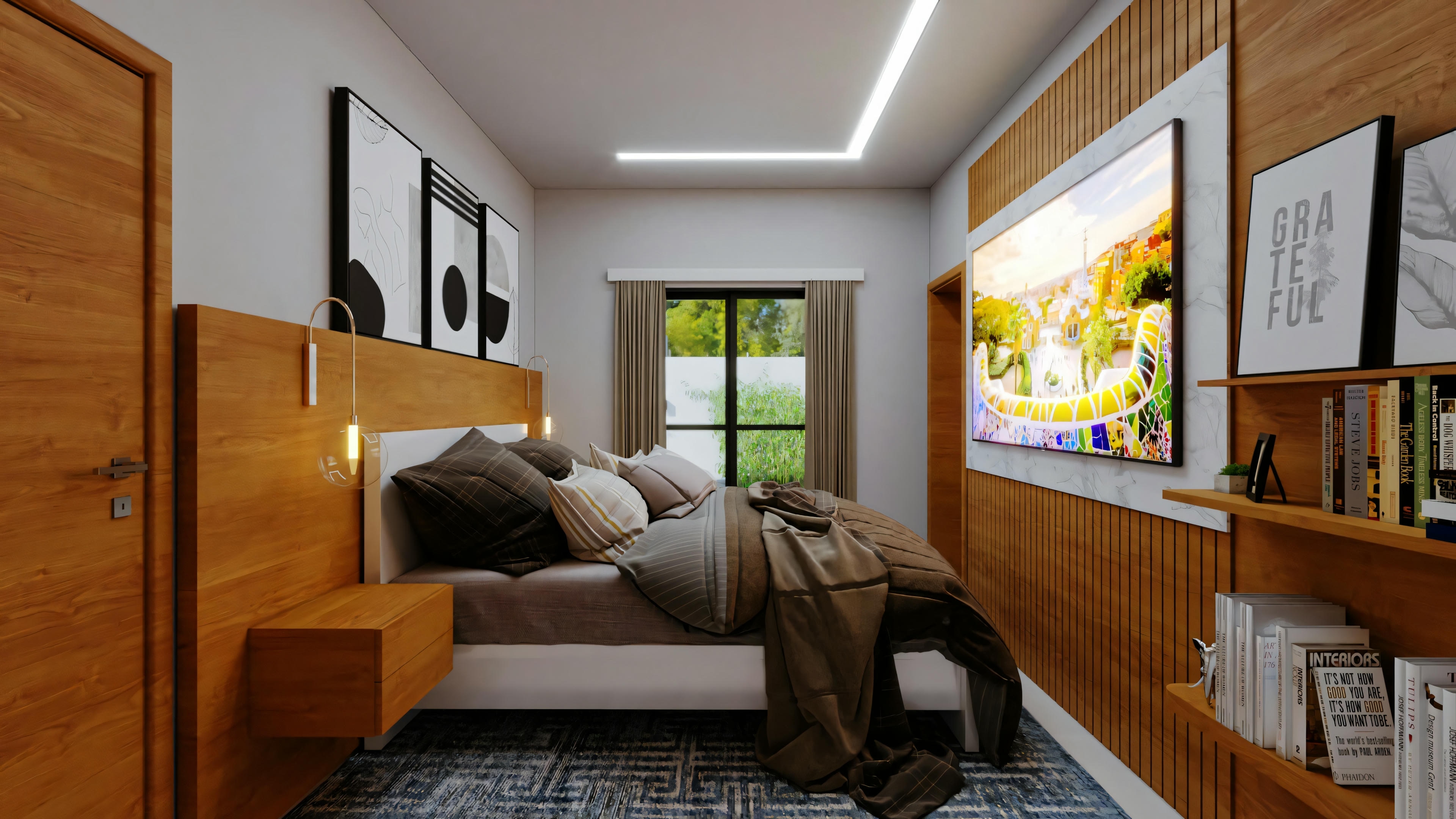 Um quarto com uma cama, cabeceira de madeira, ventilador de teto e uma obra de arte acima da cama.