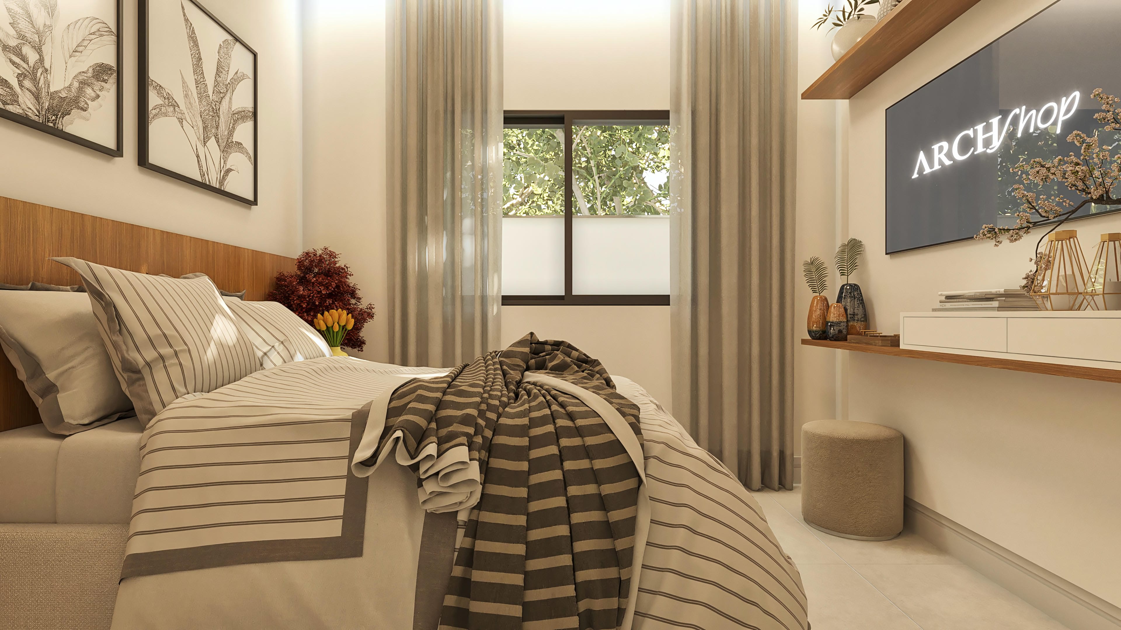 Interior de um quarto de casa térrea com cama de casal, lençóis listrados em tons neutros, cabeceira de madeira e cortinas elegantes.